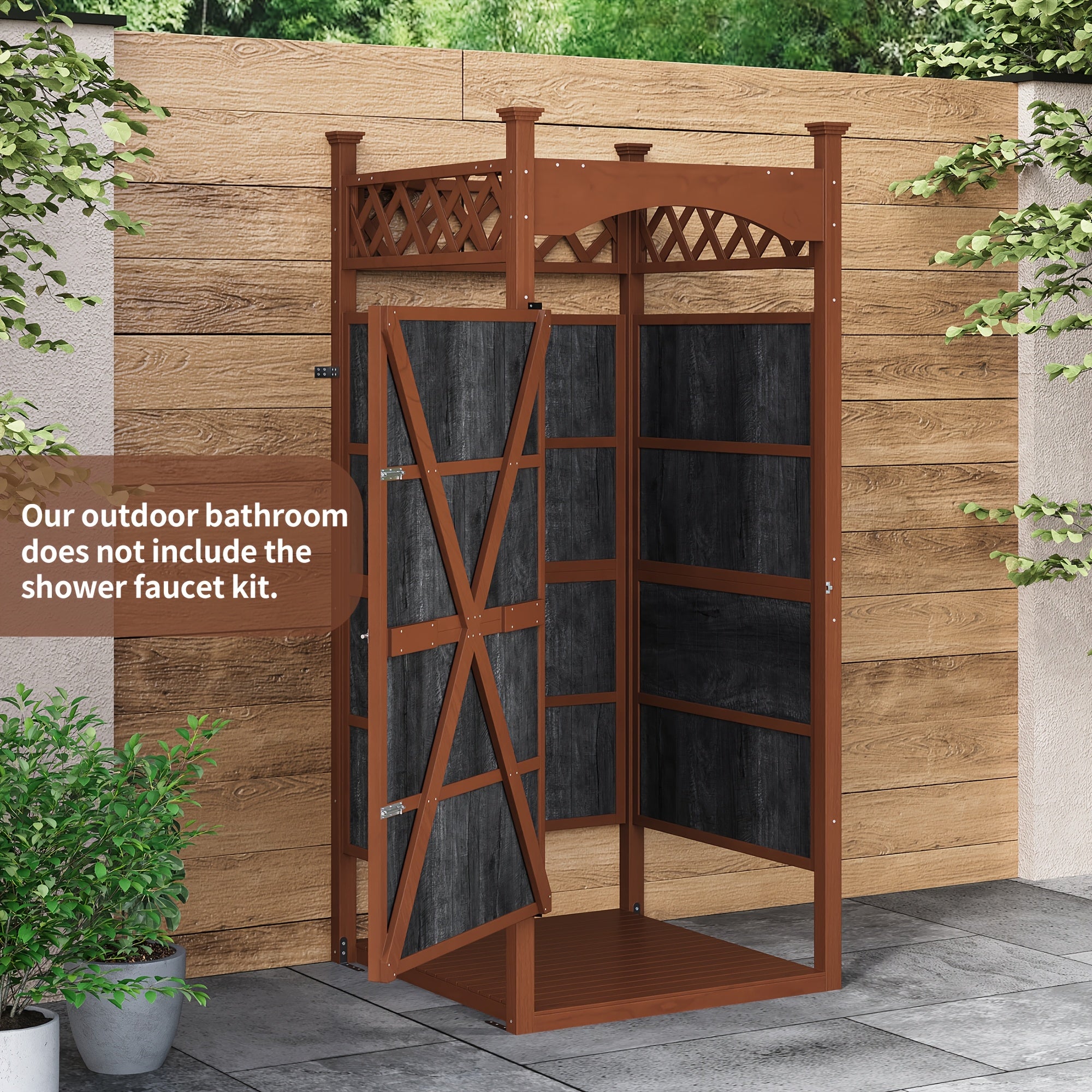 Outdoor shower with privacy curtain and privacy board - solid wood construction, suitable for poolside wash stations, changing rooms, beach showers and outdoor bathrooms - weatherproof wooden shower with privacy curtain