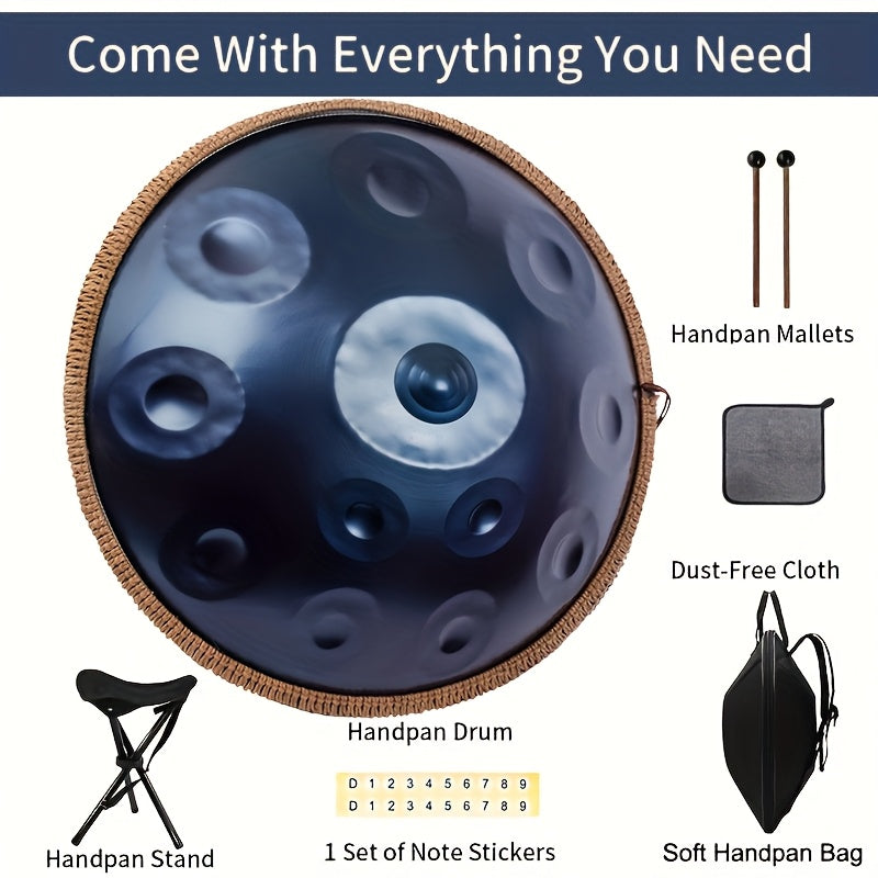 Hand Disc Three Top Drum 12 Tones, 22 Inch D Minor Kurdish Hand Disc Drum, 432Hz Premium Steel Tongue Drum, Suitable for Adult Yoga Meditation, Sound Healing Instrument, Beginner Gift, with Tote, Drum Stick, Stand, Cloth, Sticker
