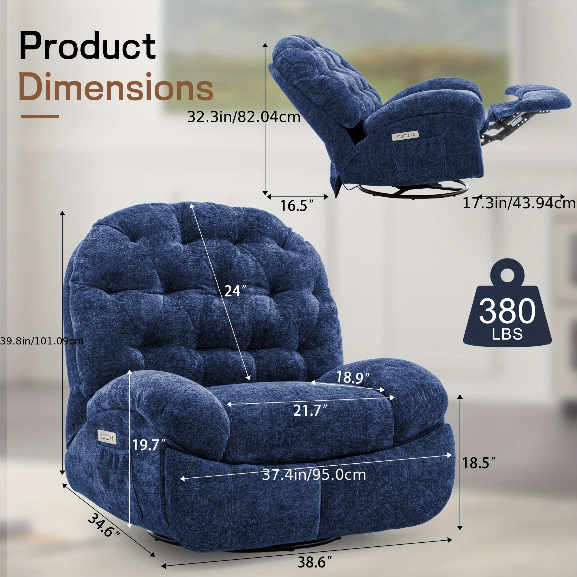 Large rotating recliner, adult rocking chair electric recliner, electric recliner, comfortable soft shell recliner, with USB port and living room storage space, chenille fabric, free shipping