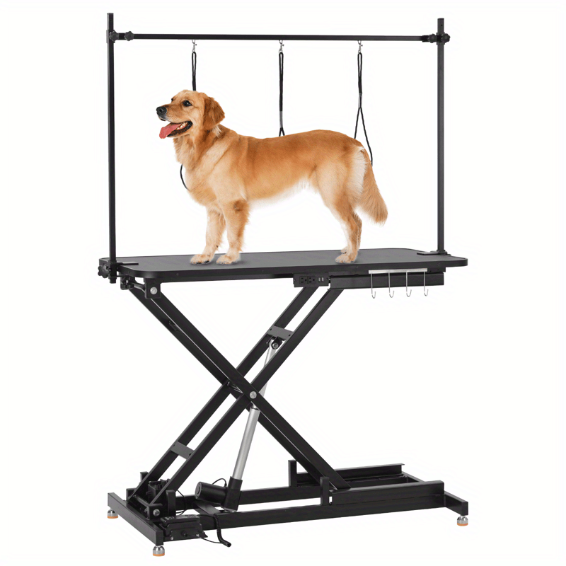 Professional Electric Large Dog Grooming Table - Height Adjustable From 39.37 Inches to 9 Inches, Durable Plastic, Comfortable Grip Design, with X-Base and Beauty Container, Pet Grooming Station | Stylish Electric Table | Rugged Metal Frame, Dog Grooming