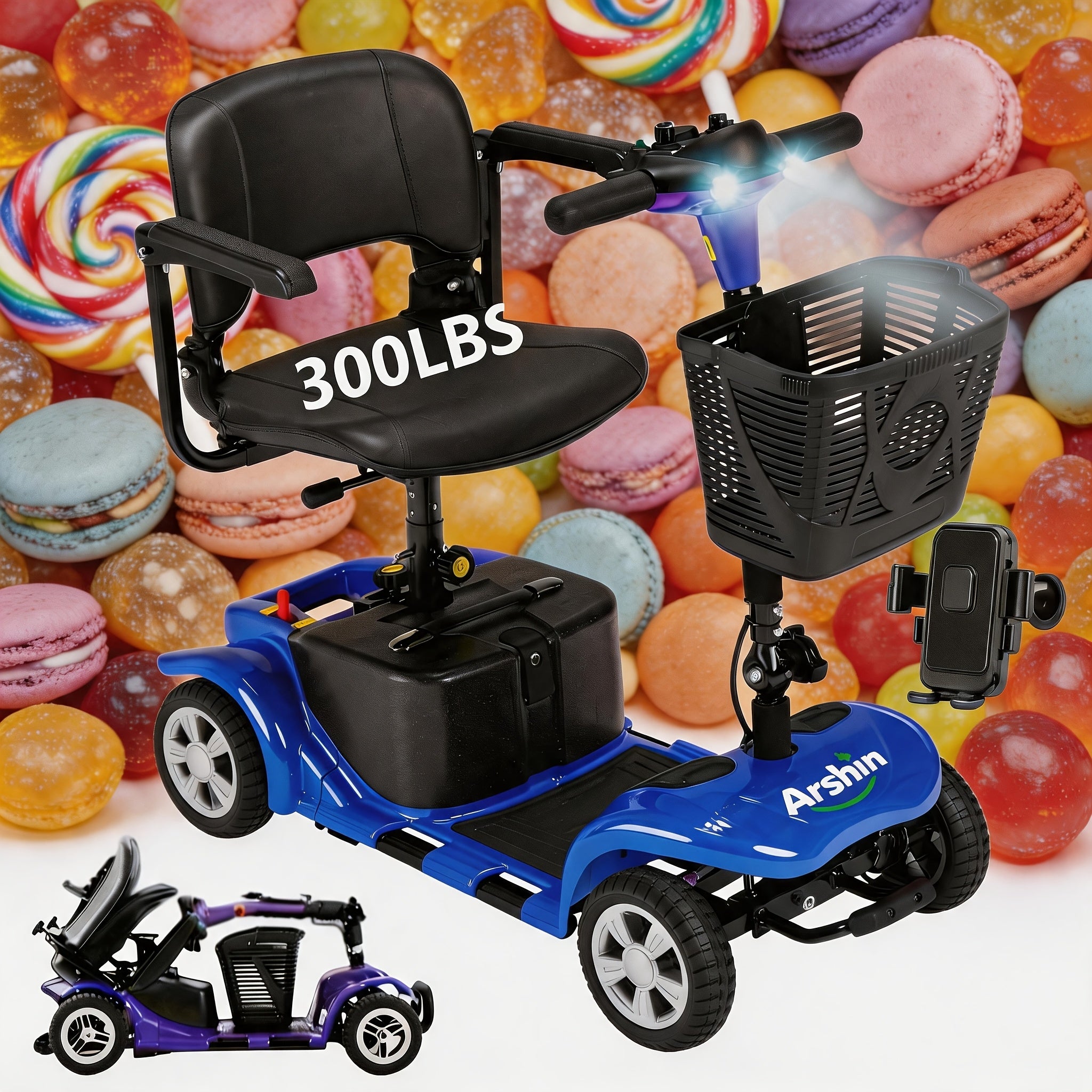 Daily travel scooter, equipped with 360-degree rotating seat, 24V 12Ah rechargeable battery, stable performance, support up to 15 miles of battery life, 4.5 miles of comfortable speed, lightweight design for indoor and outdoor activities