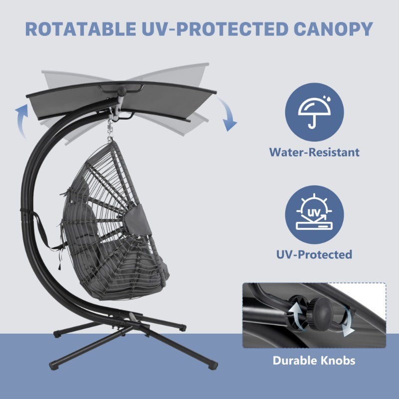 Double with canopy egg chair, outdoor rattan hanging chair with bracket and cushion, suitable for double hanging chair on backyard porch