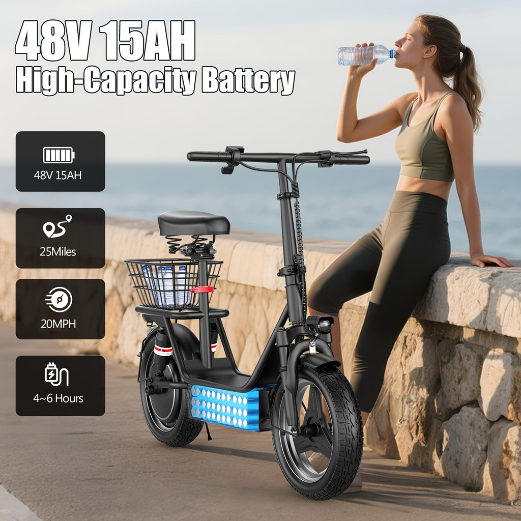K10 electric scooter with charger, 650W motor, 48V 15AH commuter scooter, 25 miles range, electric scooter with basket (basket removable), dual disc brakes, LCD display