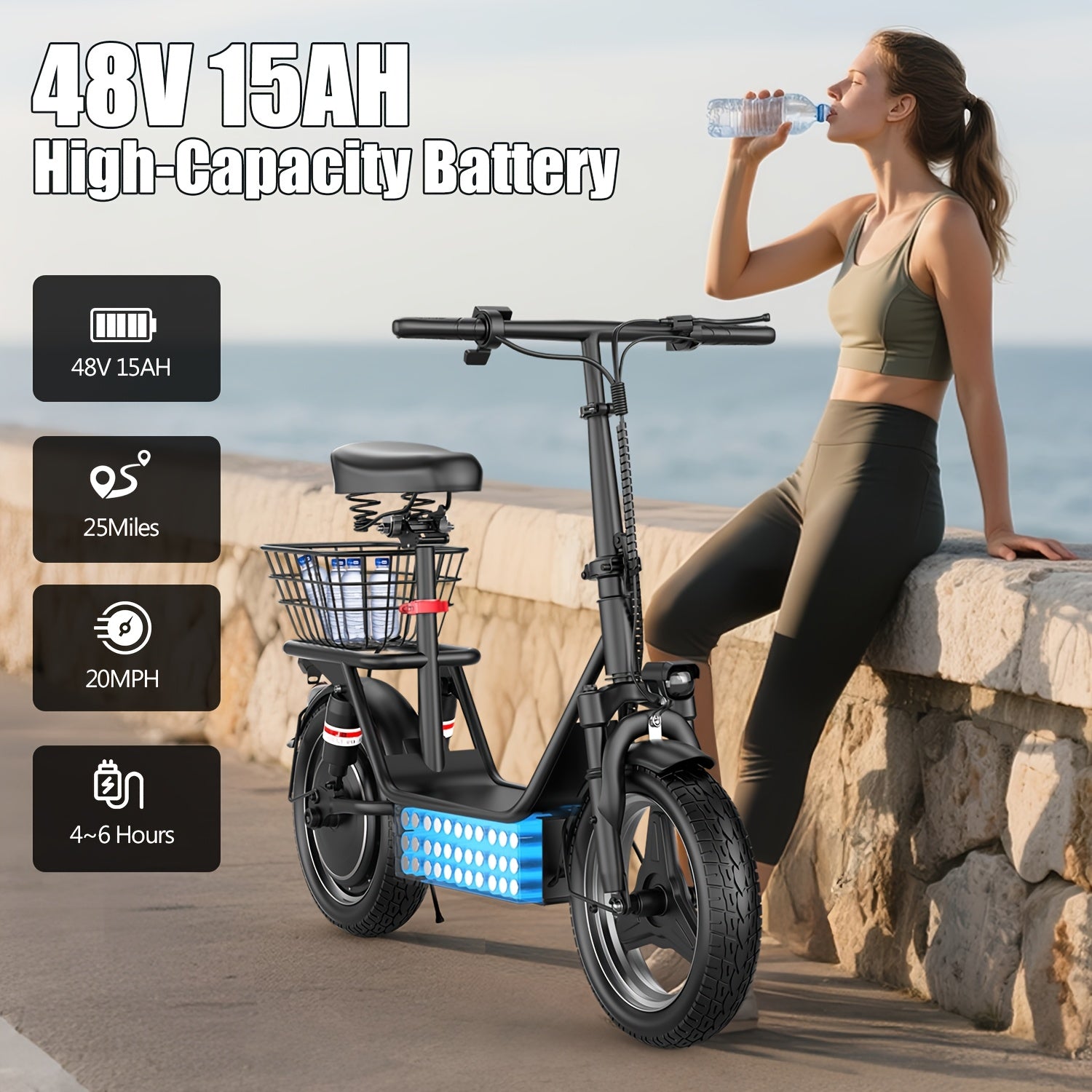 K10 electric scooter with charger, 650W motor, 48V 15AH commuter scooter, 25 miles range, electric scooter with basket (basket removable), dual disc brakes, LCD display