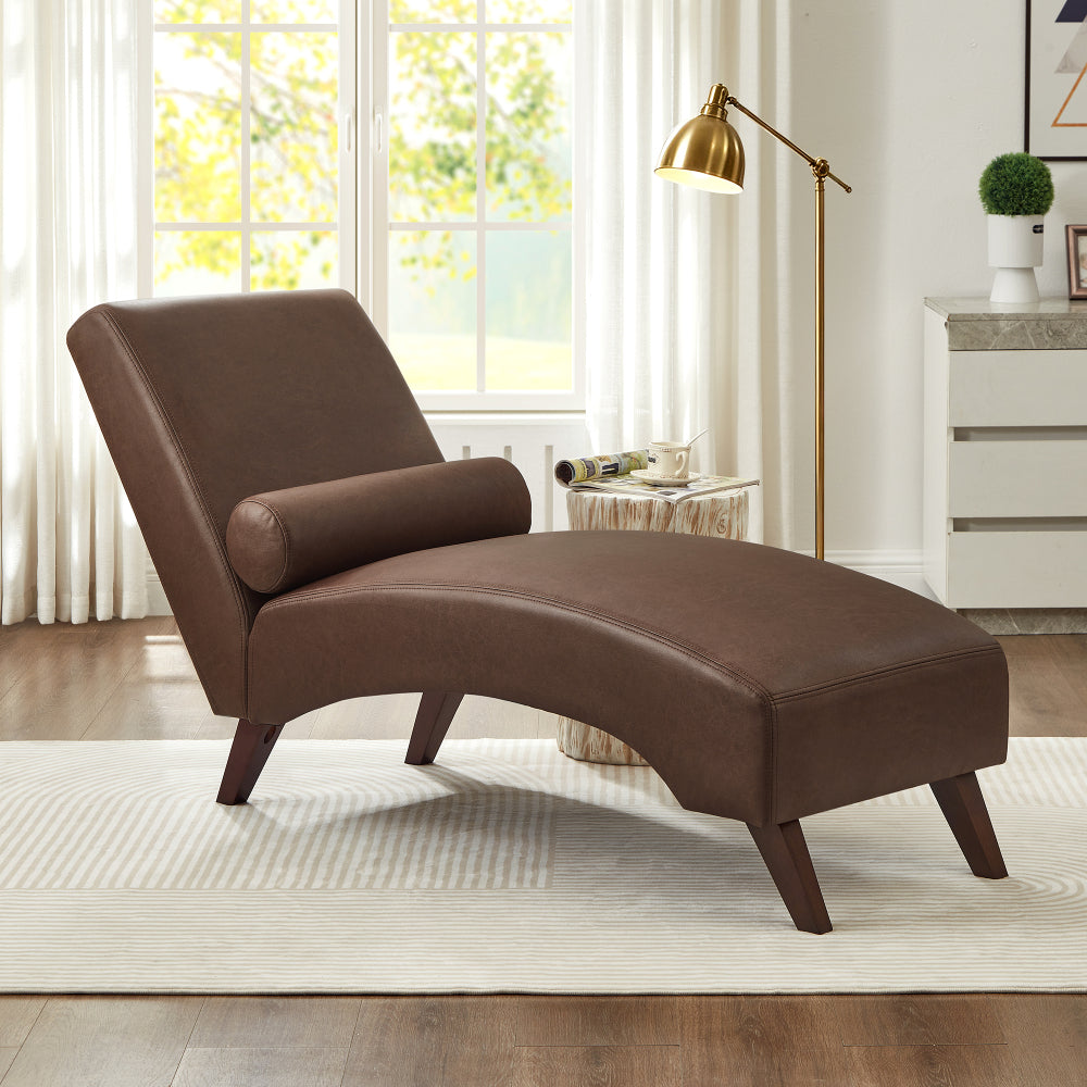 Chaise Lounge Chair with Bolster Pillow, Upholstered in Premium Tech Fabric - Mid-Century Modern Curved Lounger for Living Room, Bedroom