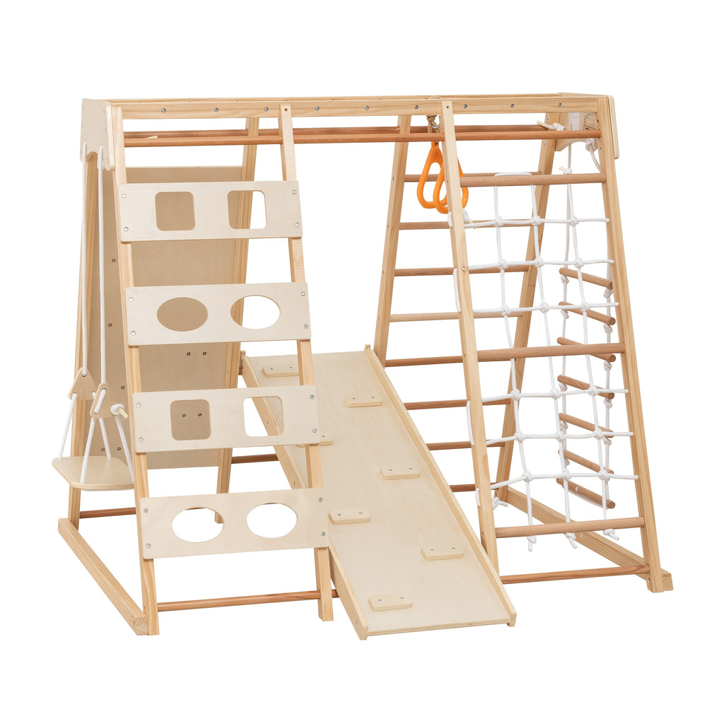 8-in-1 indoor jungle gym for kids, toddler playground with slide, swing, and climbing rock wall, wooden climbing toy set, playground equipment, natural wood finish