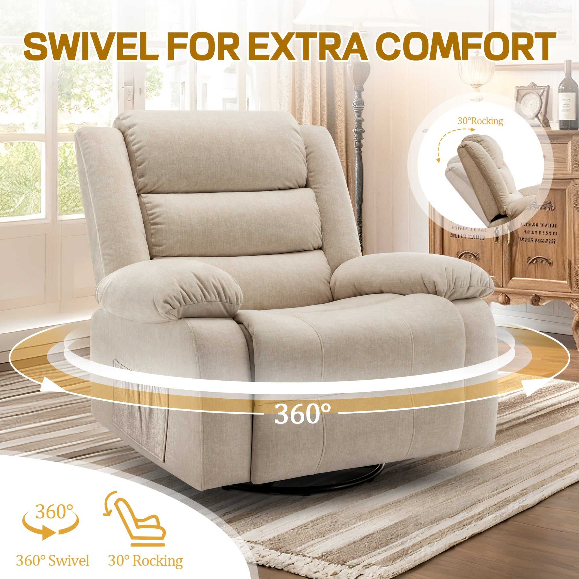 Personal care single chair, oversized rotating rocking chair, lounge chair with massage heating function, adult manual lounge chair, side pocket, sofa chair suitable for large space, material casual lounge chair, Christmas gift