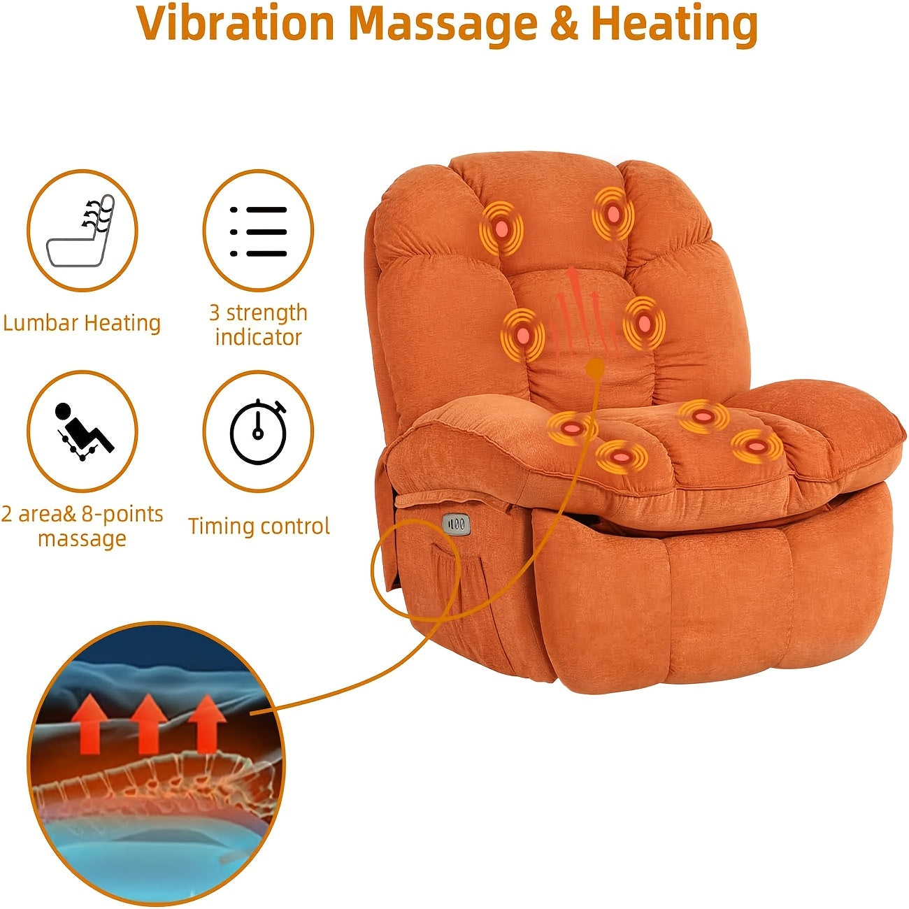 Electric rocking chair, super filled rotating rocking chair with vibration massage and heating function, modern single sofa rocking chair, electric rocking chair with USB port, USB-C port and side pocket, living room decoration.