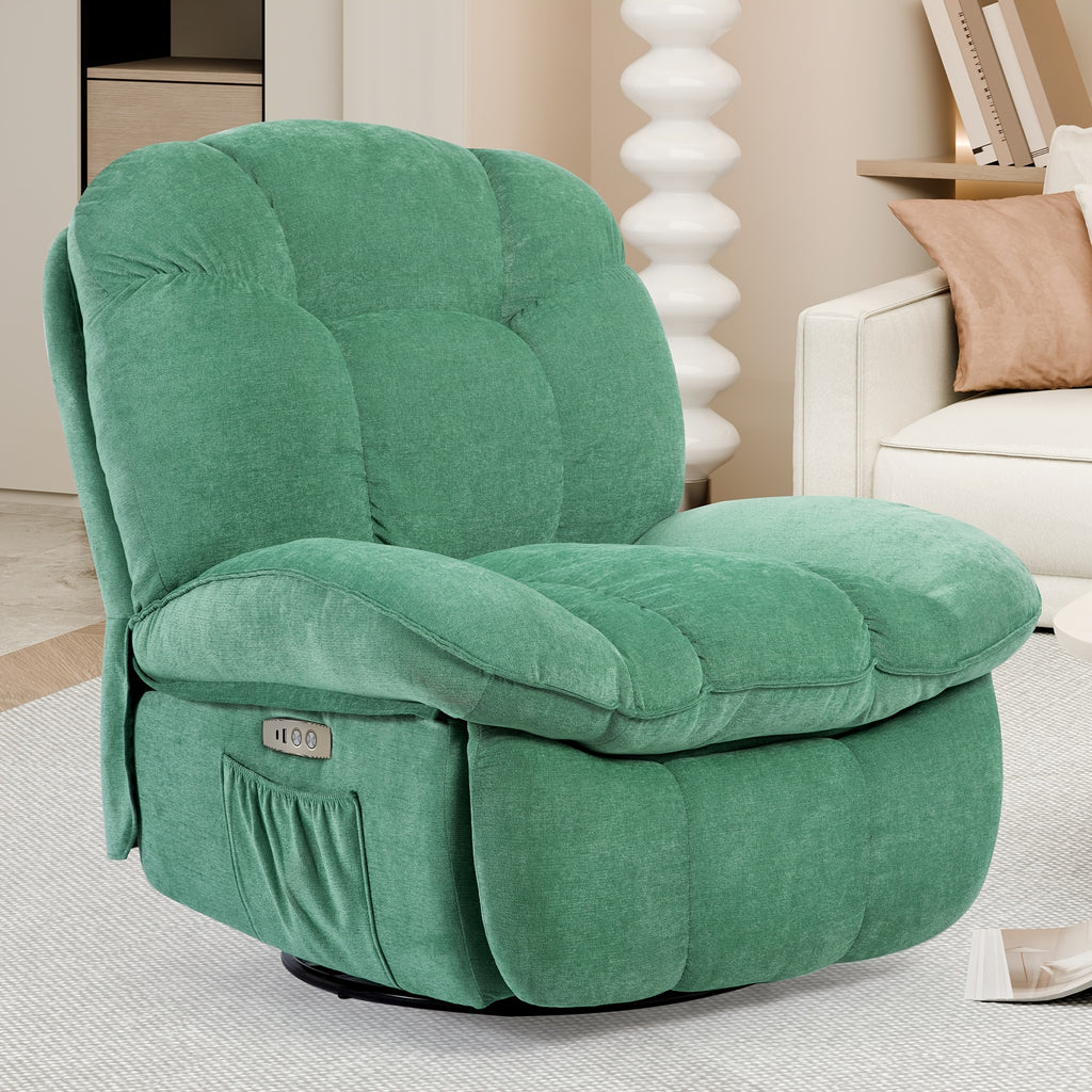 Electric rocking chair, super filled rotating rocking chair with vibration massage and heating function, modern single sofa rocking chair, electric rocking chair with USB port, USB-C port and side pocket, living room decoration.