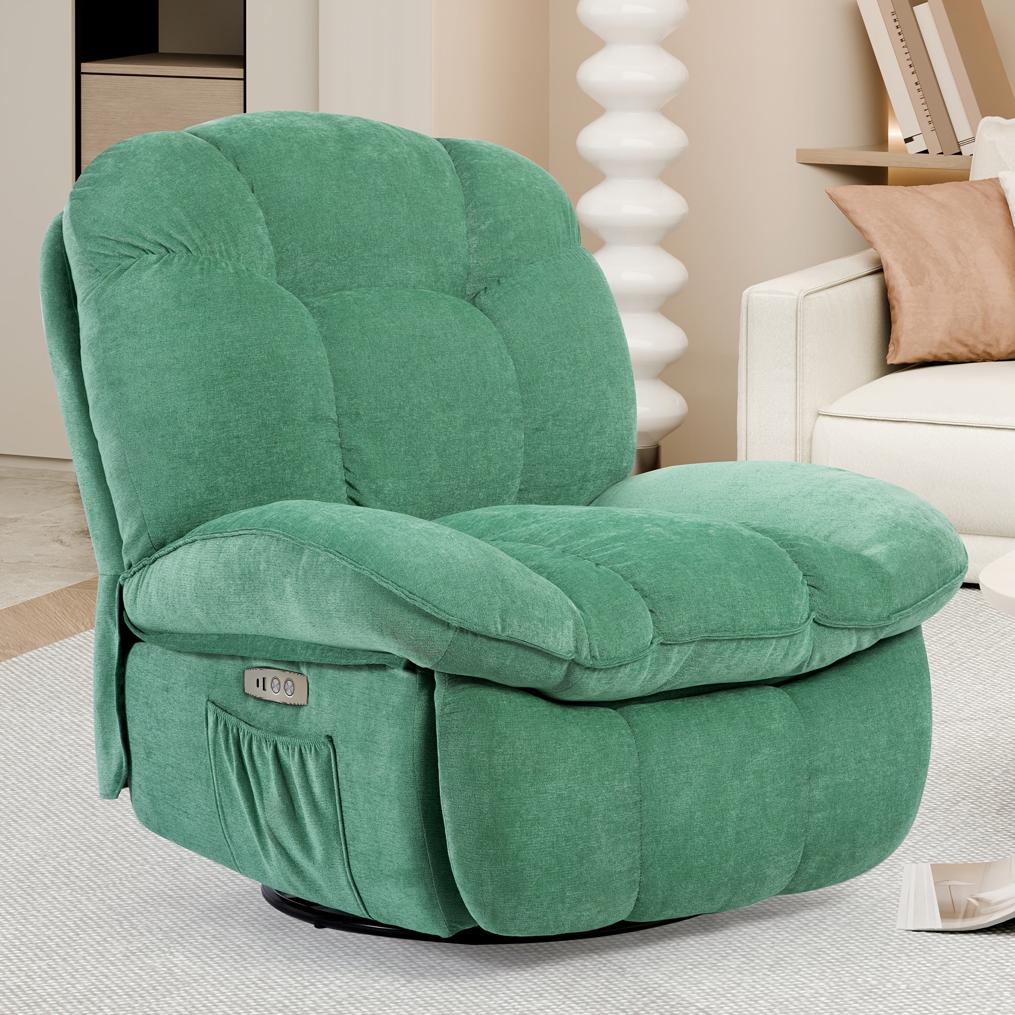Electric rocking chair, super filled rotating rocking chair with vibration massage and heating function, modern single sofa rocking chair, electric rocking chair with USB port, USB-C port and side pocket, living room decoration.