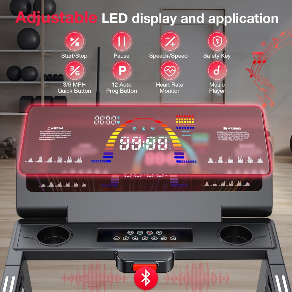 Foldable tilt treadmill 450 lb capacity, intelligent voice control, compatible with KINOMAP ZWIFT, heavy duty treadmill for gym and home use, 4.0HP ultra-quiet brushless motor, music player, heart rate monitor, battery-free