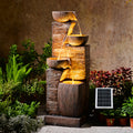 38.2-Inch high solar outdoor fountain, four-story modern waterfall bowl and stacked stone view, equipped with LED lights and IP68 waterproofing pump, suitable for garden, yard, patio, backyard and home art decor