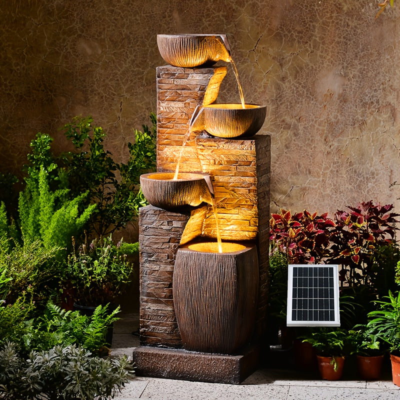 38.2-Inch high solar outdoor fountain, four-story modern waterfall bowl and stacked stone view, equipped with LED lights and IP68 waterproofing pump, suitable for garden, yard, patio, backyard and home art decor