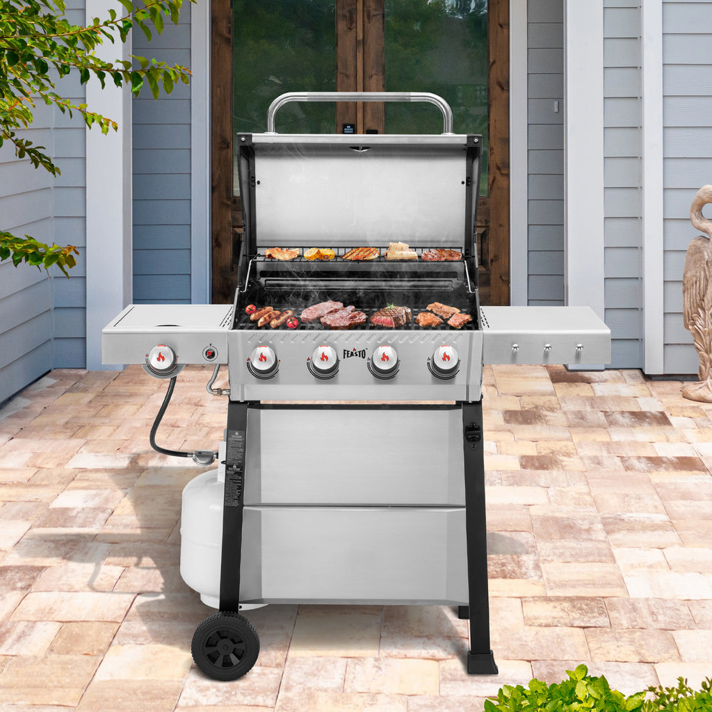 FEASTO 4-Burner Propane Gas Grill with Side Burner&Table, Outdoor BBQ Grill with Porcelain-Enamel Cast Iron Grates for Patio Cooking, Stainless Steel