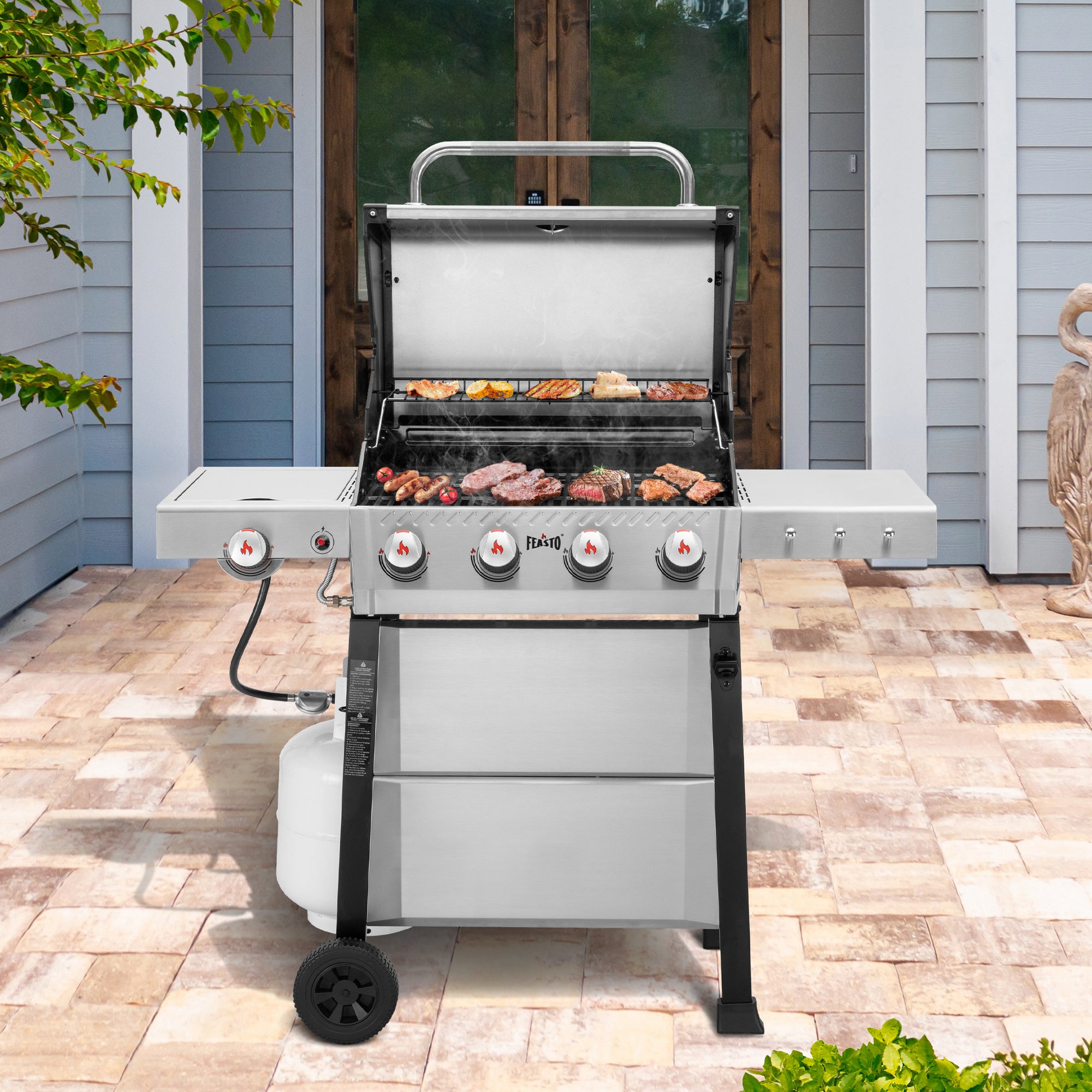 FEASTO 4-Burner Propane Gas Grill with Side Burner&Table, Outdoor BBQ Grill with Porcelain-Enamel Cast Iron Grates for Patio Cooking, Stainless Steel