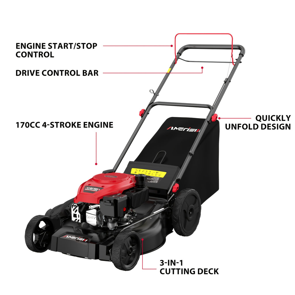 21-Inch self-propelled gasoline lawn mower with 165cc four-stroke engine, suitable for rear-wheel drive gasoline-powered lawn mowers in large yards and hillsides, three-in-one function of collecting grass/collecting grass bags/side rows, 6-speed height