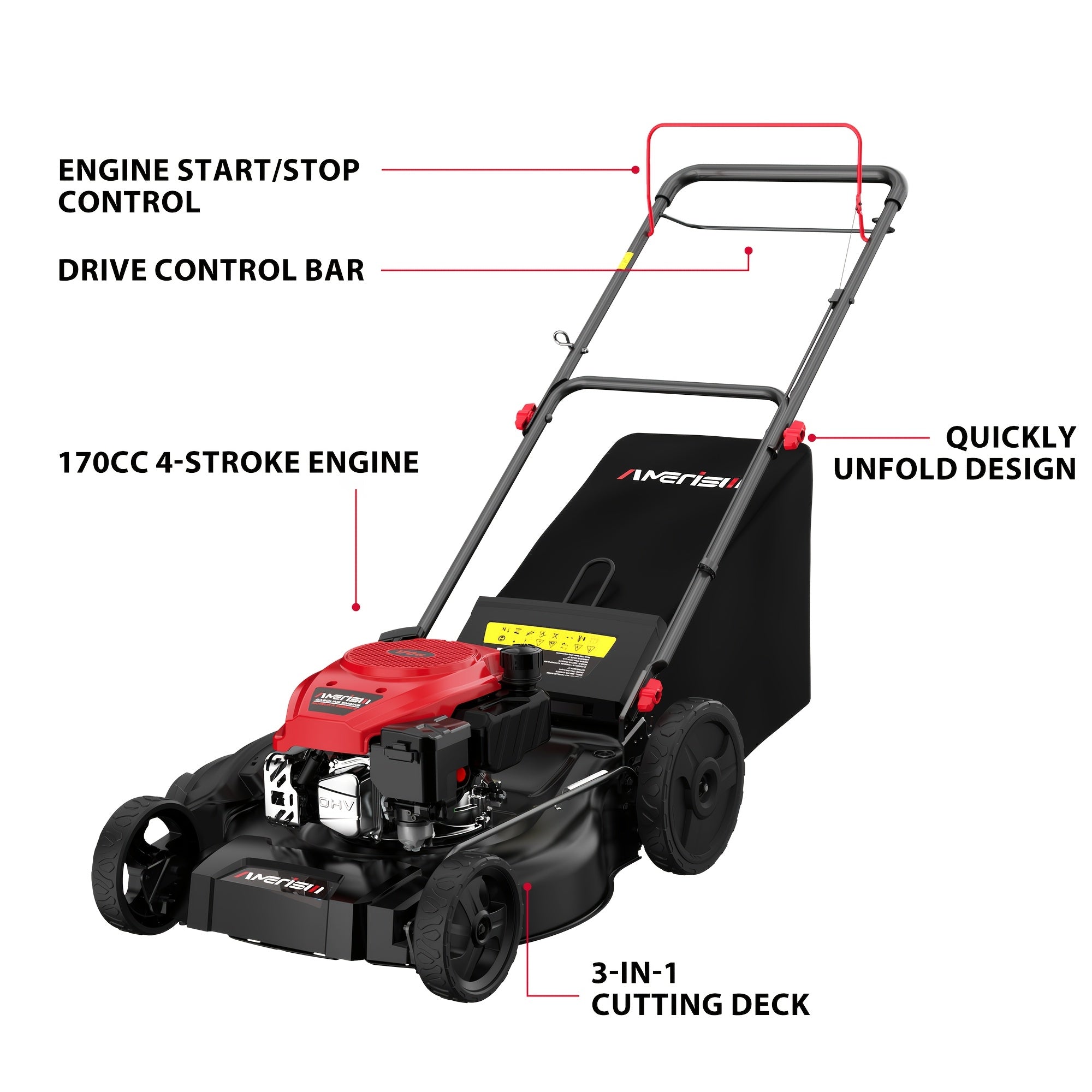 21-Inch self-propelled gasoline lawn mower with 165cc four-stroke engine, suitable for rear-wheel drive gasoline-powered lawn mowers in large yards and hillsides, three-in-one function of collecting grass/collecting grass bags/side rows, 6-speed height