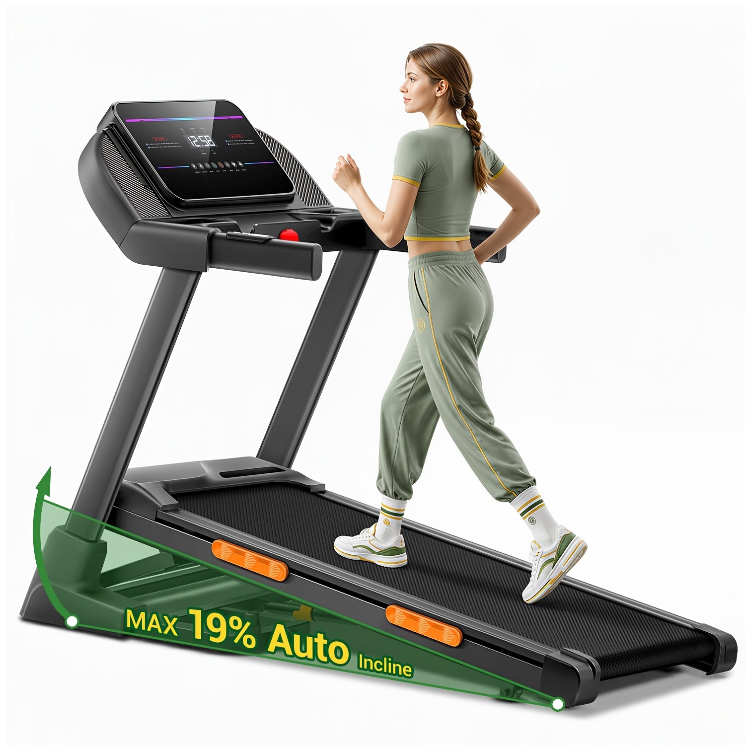 4-In-1 folding treadmill with 19% automatic lifting slope, 4.0HP motor, 400 lbs load-bearing, 8.0 MPH, with heart rate sensor, no batteries