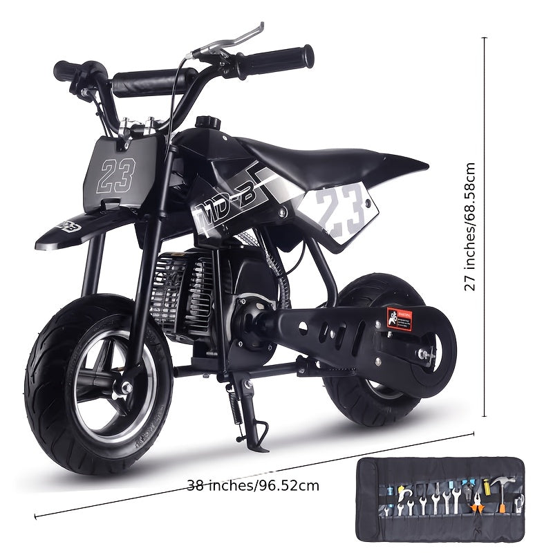 Gas oil motorcycle, off-road motorcycle, 49 CC two-stroke gas oil motorcycle (model: DB001), top speed: 20 Mph, EPA certified, with rear suspension, kill stop switch, disc brake. Surprise gift, battery free