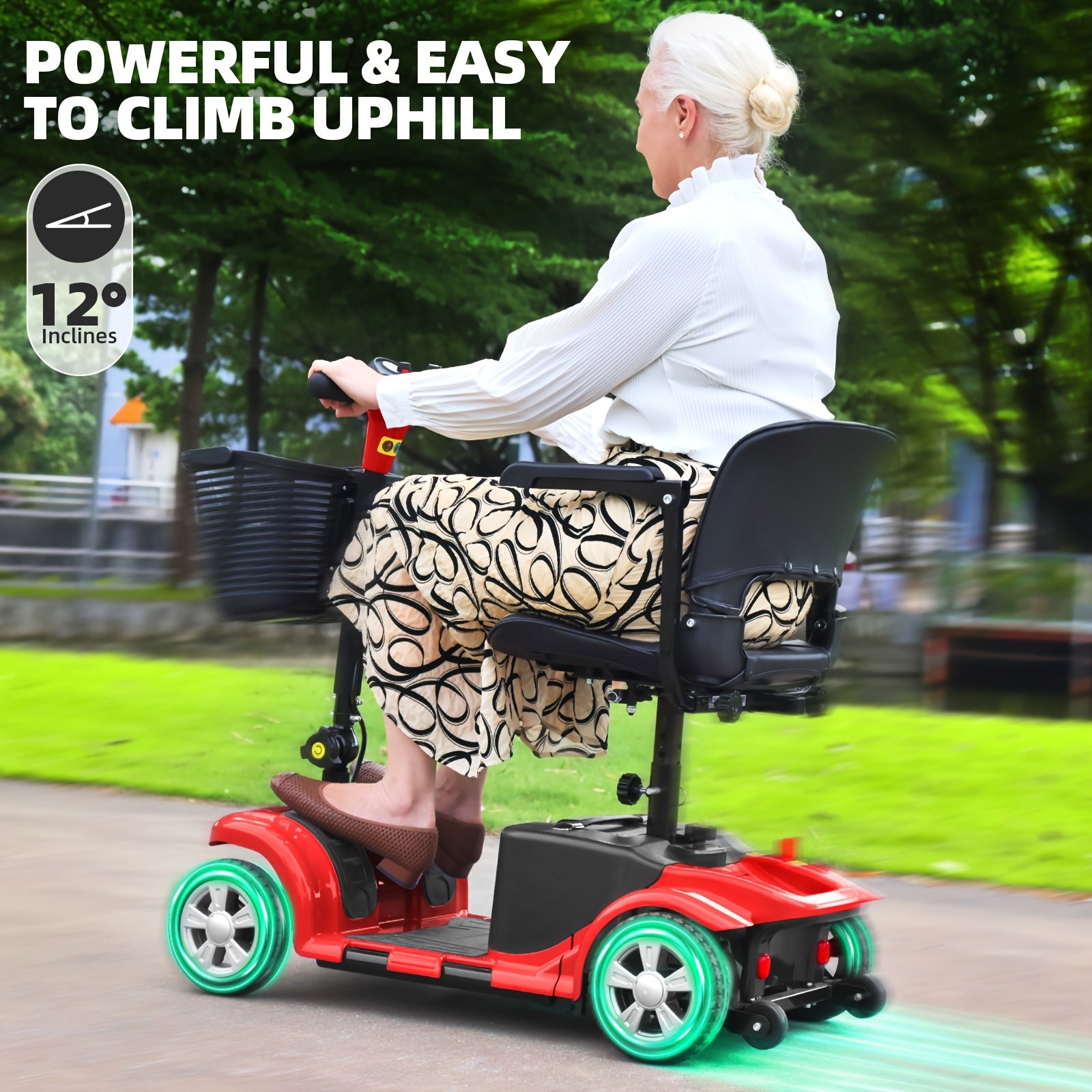 Daily travel scooter, equipped with 360-degree rotating seat, 24V 12Ah rechargeable battery, stable performance, support up to 15 miles of battery life, 4.5 miles of comfortable speed, lightweight design for indoor and outdoor activities