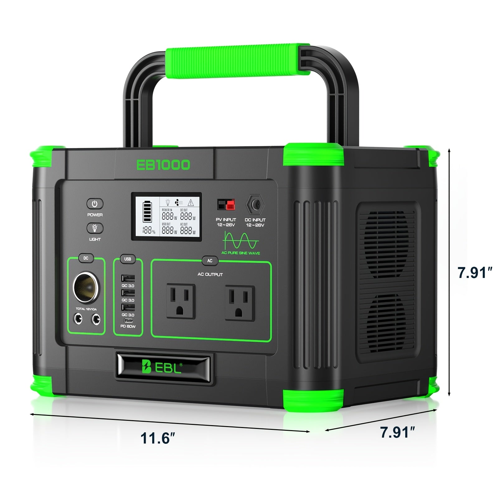 1000W mobile power supply, solar generator 999Wh (peak 2000W), power station with 110V pure sine wave AC power socket, digital display, PD 60W USB-C fast charging, home emergency backup battery, outdoor camping, road trip