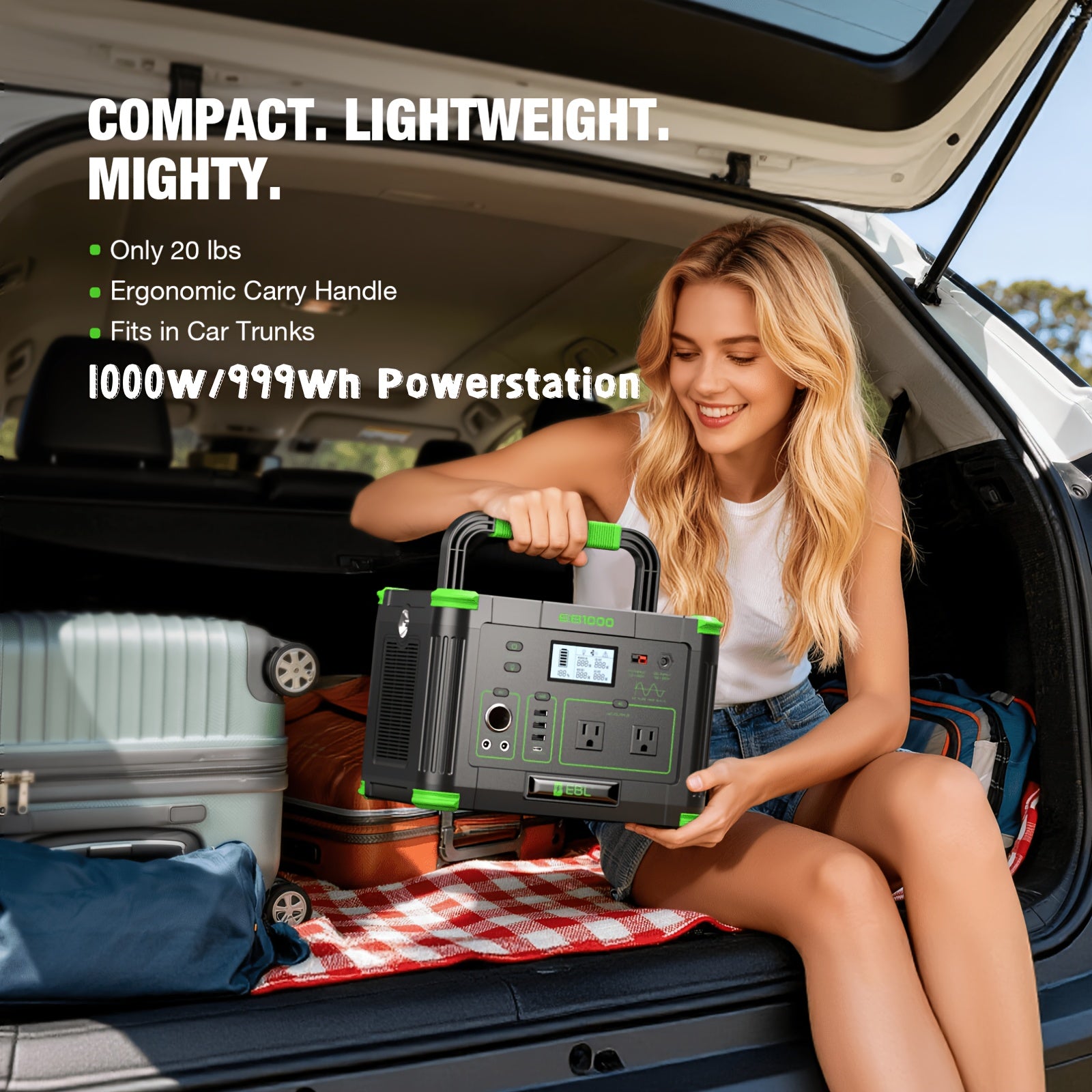 1000W mobile power supply, solar generator 999Wh (peak 2000W), power station with 110V pure sine wave AC power socket, digital display, PD 60W USB-C fast charging, home emergency backup battery, outdoor camping, road trip