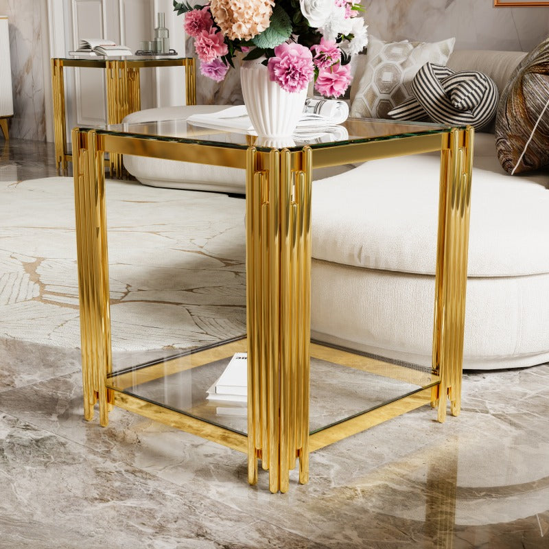 Modern Transparent Glass End Table for Living Room, Square, Asymmetrical Metal, Golden End And Lower Shelf, 19.9"