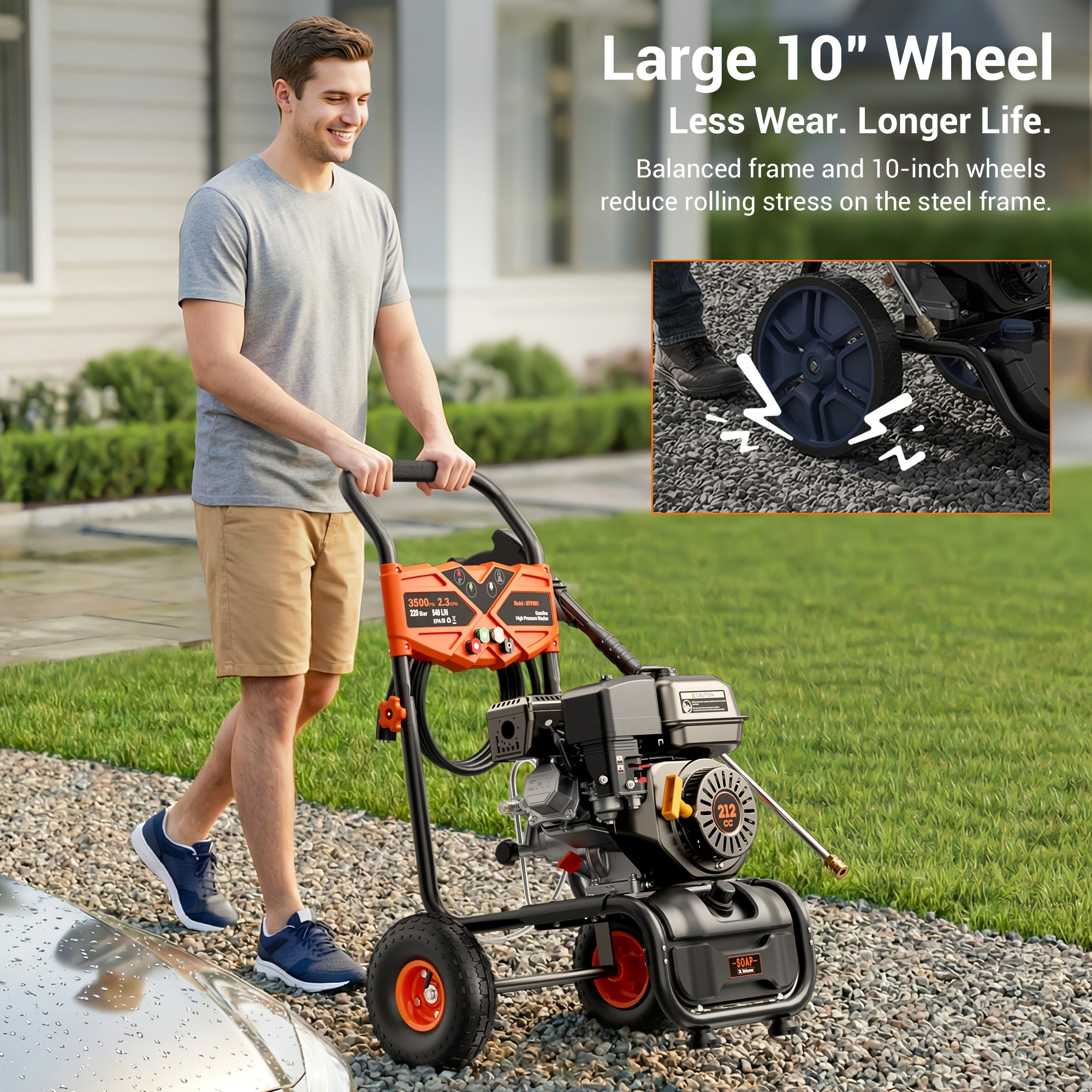 3500PSI High Pressure Washer - 2.3 gallons per minute (approx. 212 ml/min) gasoline engine type washer with 25-foot hose and 4 quick-connect multi-angle nozzles, yard car high pressure washer, perfect for cleaning outdoor surfaces, roads and walls