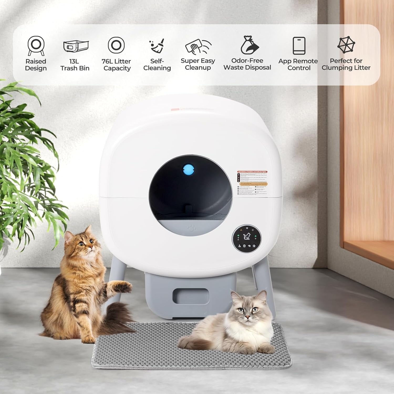 Self-cleaning cat litter box, a large automatic cat litter box suitable for multiple cats, with APP control function, can remove odors, and has safety protection function