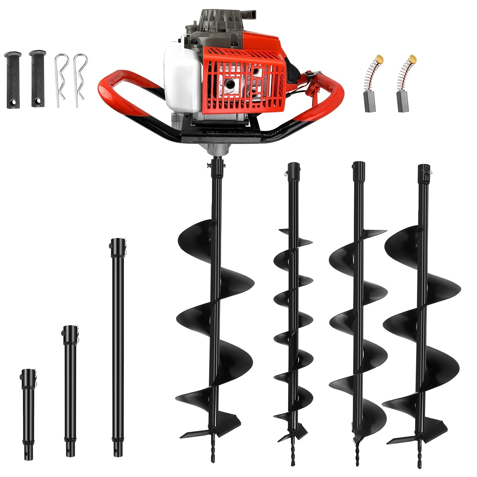 85CC/72cc spiral pile hole excavator, gasoline auger with 3 earth drills (4 inches, 6 inches, 8 inches) and 2 extension rods, suitable for garden farmland fence planting operations