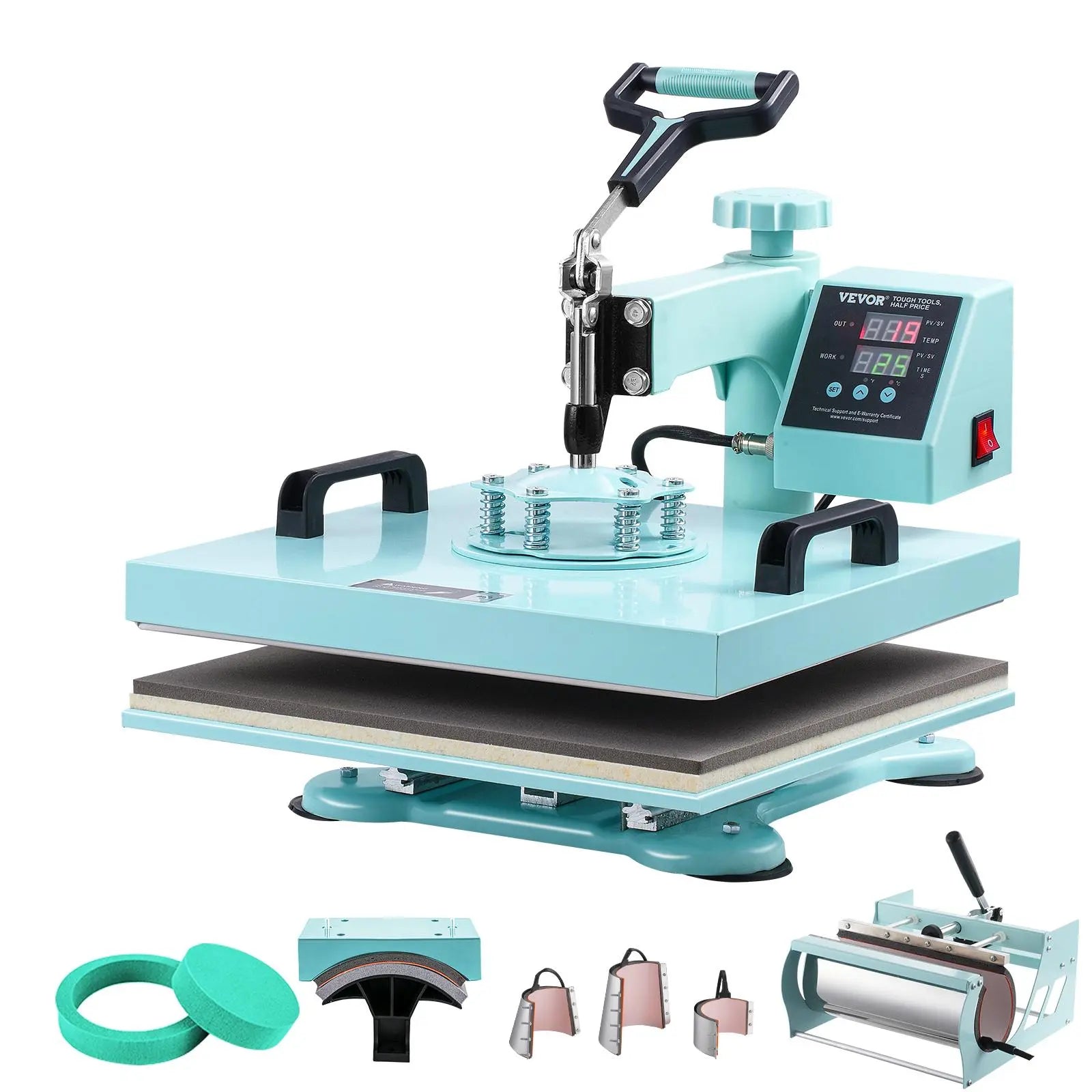 【DealsForYouDays】VEVOR Heat Press Machine, 15 x 15 inch, 8 in 1 Heat Transfer Machine with 6-30 oz Tumbler Press, 360° Swing Away T-Shirt Pressing, Digital Precise Control, for T-Shirts/Mugs/Hats/Plates, Green