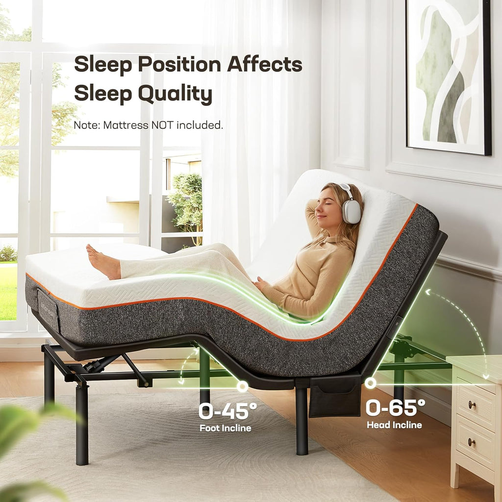 Adjustable bed frame base, 4-port USB A & C interface, with bed night light, 3-minute quick assembly, wireless remote control to adjust the bed, 4-speed height optional (model MS01)