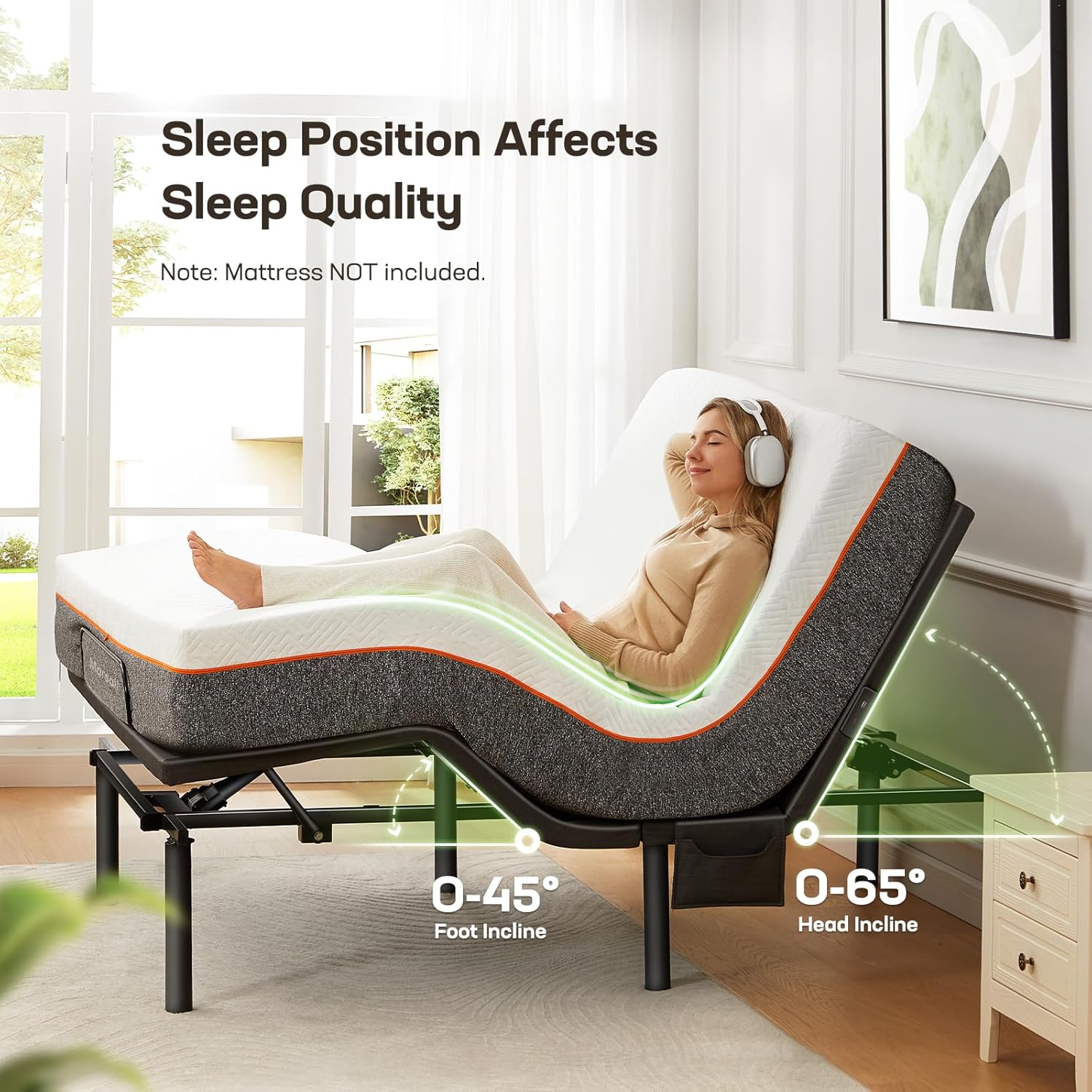 Adjustable bed frame base, 4-port USB A & C interface, with bed night light, 3-minute quick assembly, wireless remote control to adjust the bed, 4-speed height optional (model MS01)