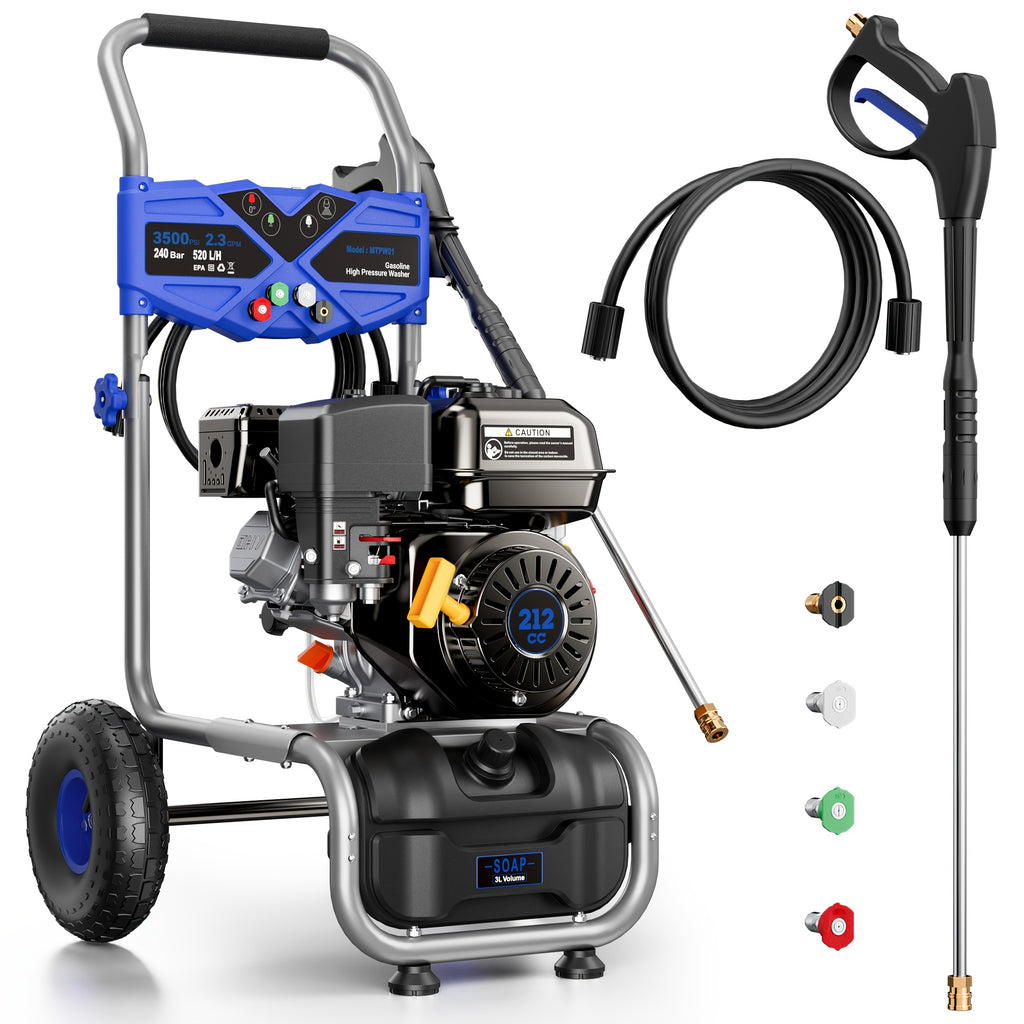 3500PSI High Pressure Washer - 2.3 gallons per minute (approx. 212 ml/min) gasoline engine type washer with 25-foot hose and 4 quick-connect multi-angle nozzles, yard car high pressure washer, perfect for cleaning outdoor surfaces, roads and walls