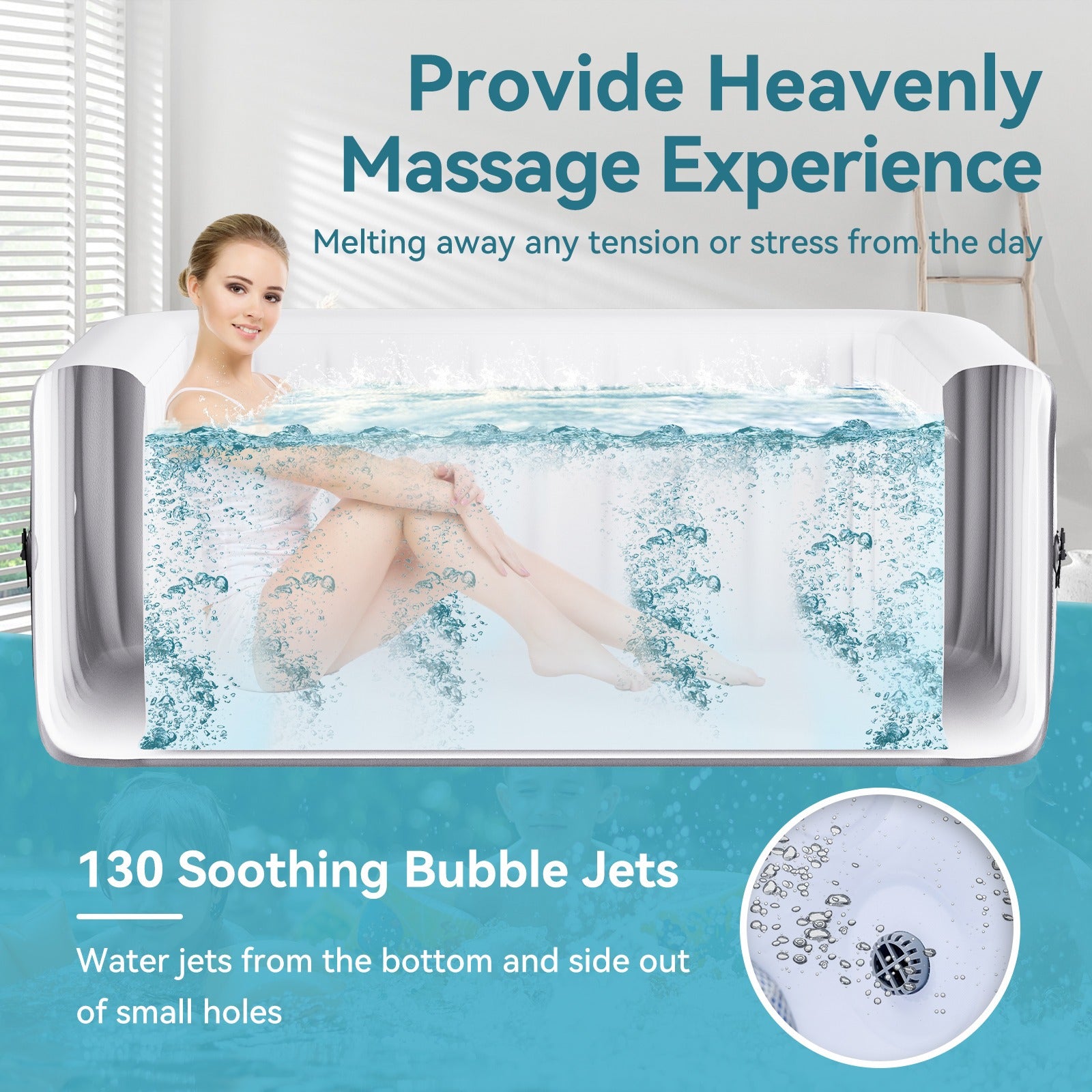 Heated Bath - Portable Large Square Heated Bath, Outdoor Spa Set Includes Heat Pump, Filter, and Spa Cover