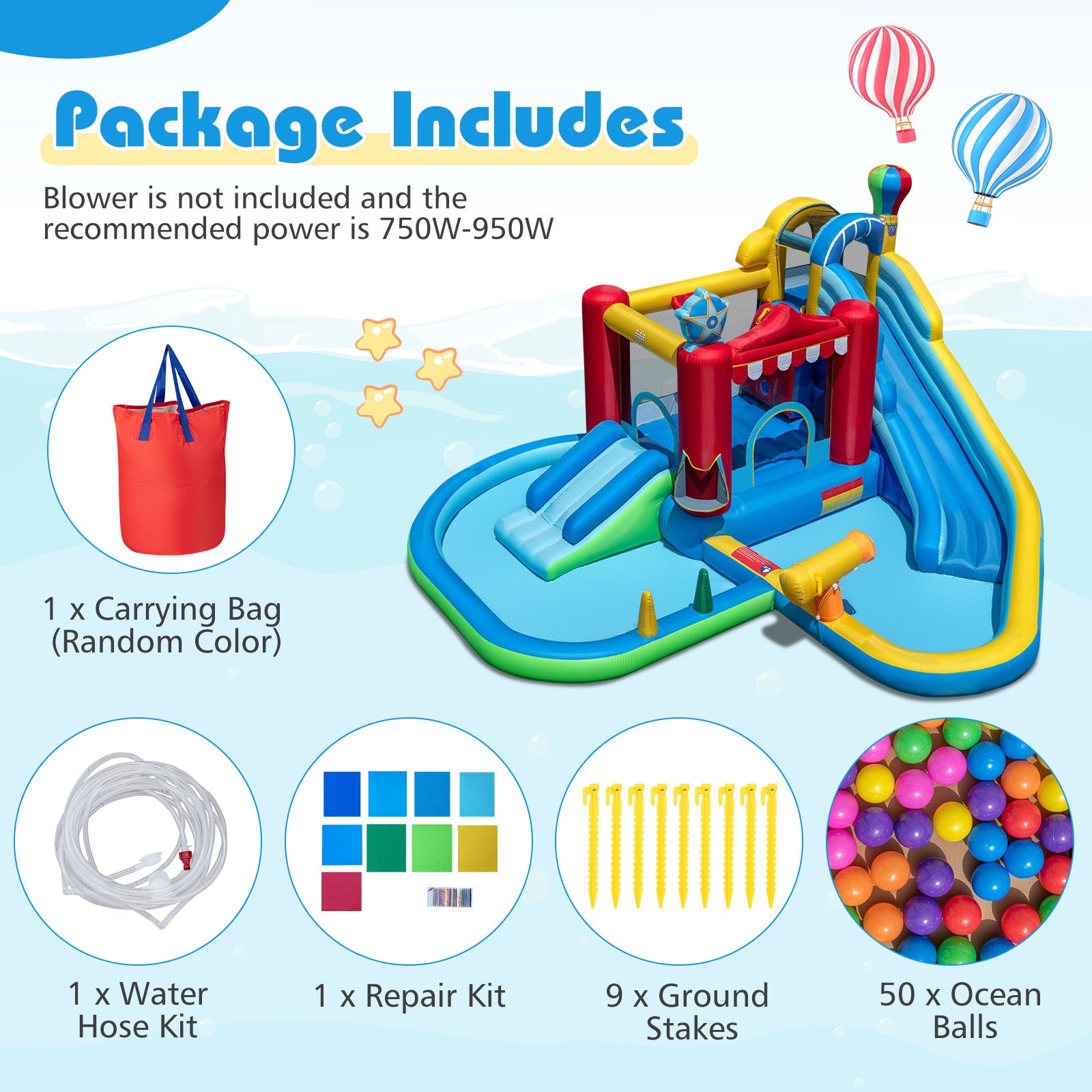 Inflatable water park with water slide, water wave pool, water cannon, ring toss game, ball pit, climbing wall, basketball hoop and storage basket, wet & dry bounce house, perfect for birthday parties (blower not included)