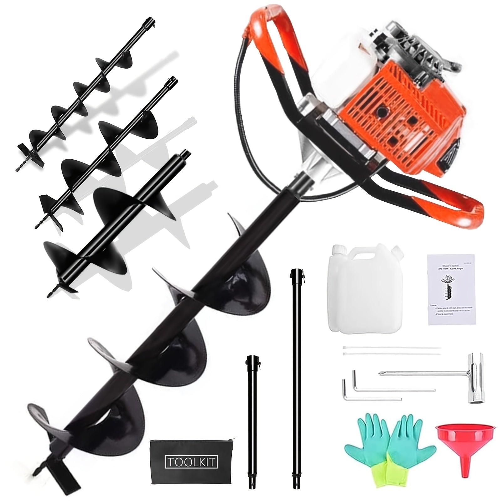 85CC/72cc spiral pile hole excavator, gasoline auger with 3 earth drills (4 inches, 6 inches, 8 inches) and 2 extension rods, suitable for garden farmland fence planting operations