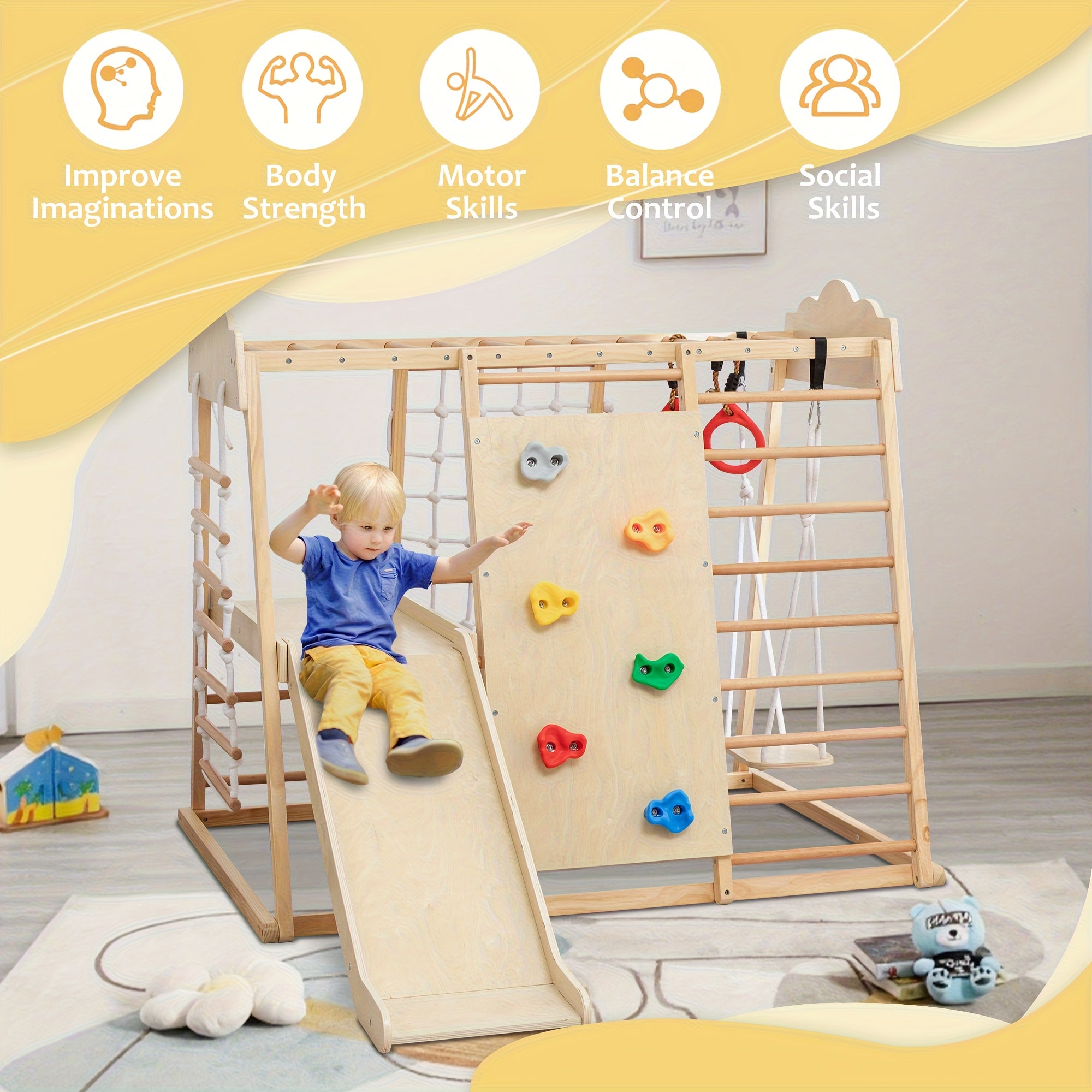 8-in-1 indoor jungle gym for kids, toddler playground with slide, swing, and climbing rock wall, wooden climbing toy set, playground equipment, natural wood finish