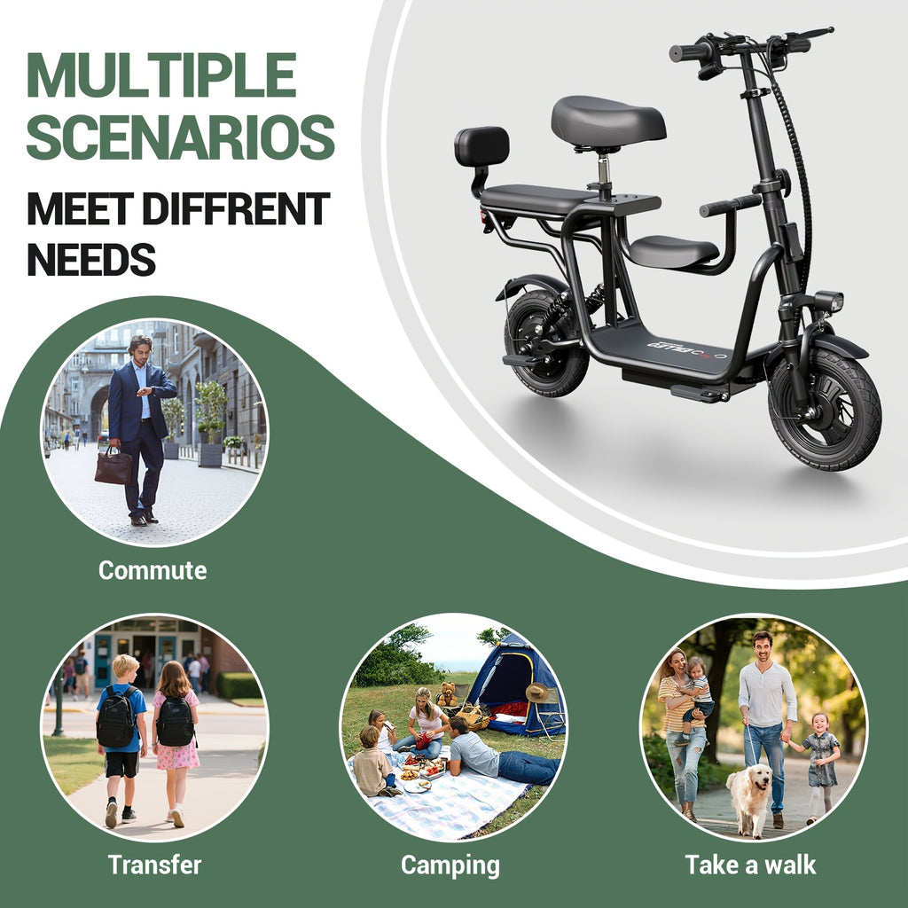 Adult electric scooter with 3 seats, powered by a 500W motor, electric bicycle with 12-inch air tires, 20 miles range, top speed 18.75 mph, electric bicycle, suitable for women/professionals