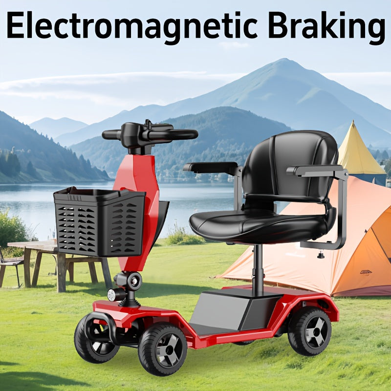 Four-wheel electric scooter, foldable, with 250W motor, 24V 12Ah battery, 15.5 miles, 8-inch solid tires, 300 lb load, with removable basket, front headlights, rear anti-dump wheels, easy to drive uphill