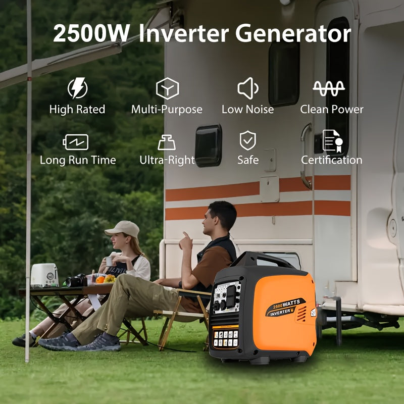 2500W portable generator with carbon monoxide protection, EPA compliant, four-stroke silent technology, suitable for blizzard and hurricane weather, camping, family RV backup power, dual 120V AC sockets, USB and Type-C ports, reliable power support