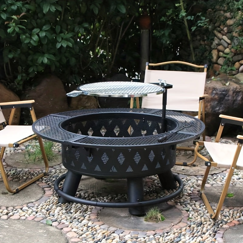Round Outdoor Charcoal Fire Pit Grill for Courtyard, Tea Brewing, Roasting, Rotatable Grill Plate, Bonfire Bowl Stove, Smoker with Height Adjustment