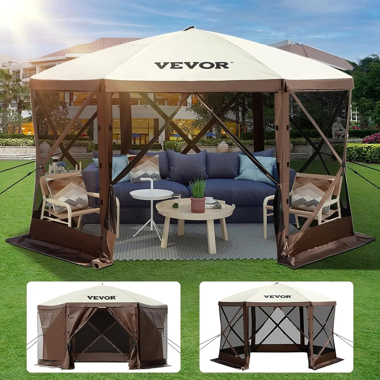 【DealsForYouDays】VEVOR Gazebo Screen Tent, 10 x 10 ft, 6 Sided Pop-up Camping Canopy Shelter Tent with Mesh Windows, Portable Carry Bag, Ground Stakes, Large Shade Tents for Outdoor Camping, Lawn and Backyard