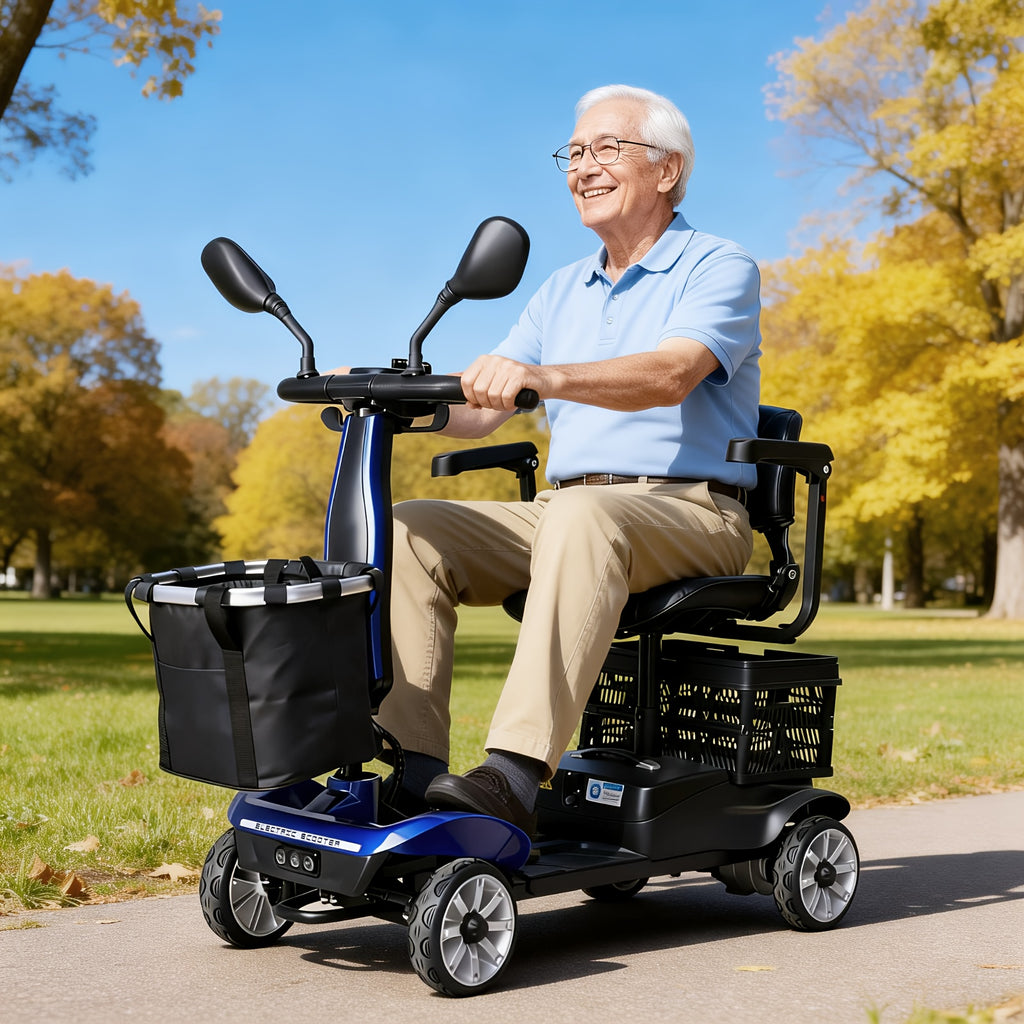 Adult Foldable Four-Wheel Electric Scooter, Portable Electric Scooter, 330 Lbs Load, with Removable Battery, Dual Storage Baskets, Upgraded