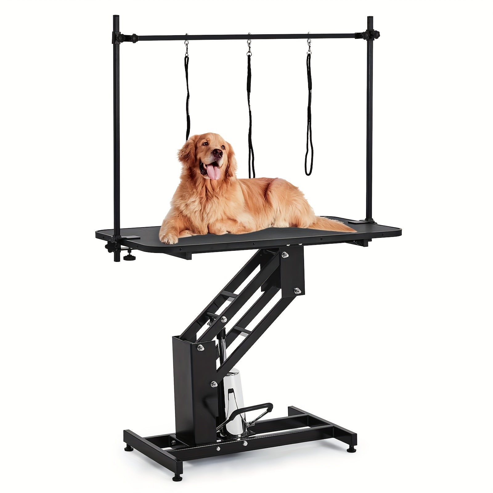 43.3 "Heavy Duty Hydraulic Pet Grooming Table with Adjustable Height (22" -39 ") and Top Arm with Trooping System - 350 lbs load-bearing capacity, sturdy A-frame base, hydraulic lift mechanism, suitable for professional pet salons, veterinary use, easy-to