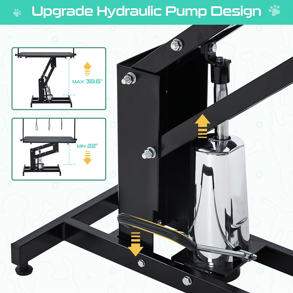 43.3 "Heavy Duty Hydraulic Pet Grooming Table with Adjustable Height (22" -39 ") and Top Arm with Trooping System - 350 lbs load-bearing capacity, sturdy A-frame base, hydraulic lift mechanism, suitable for professional pet salons, veterinary use, easy-to