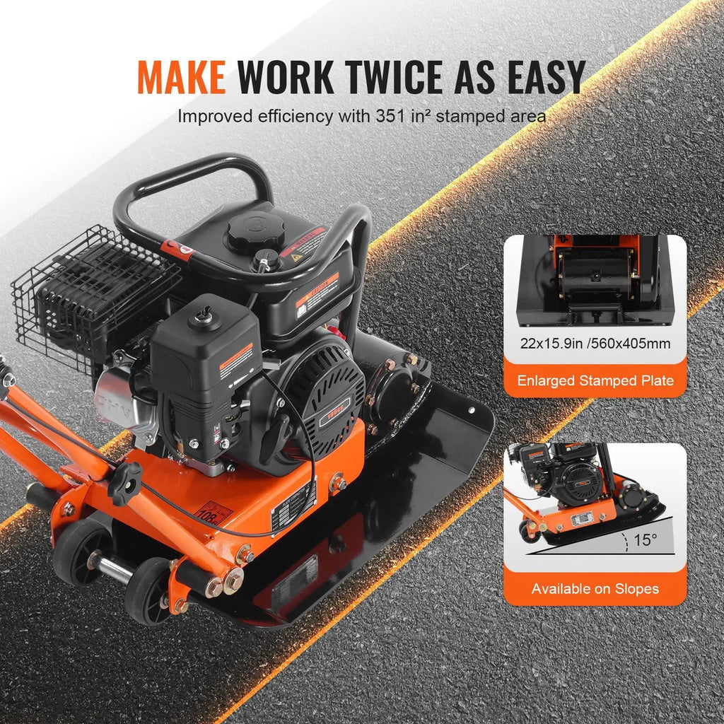 【DealsForYouDays】VEVOR Plate Compactor, 6.5HP 196CC Gas Engine, 4200 lbs Vibratory Compaction Tamper, 22.1x15.9 in Plate Power Jumping Jack Tamper, 5600 VPM Pavement Compactor for Walkways, Asphalts, Paver Landscaping