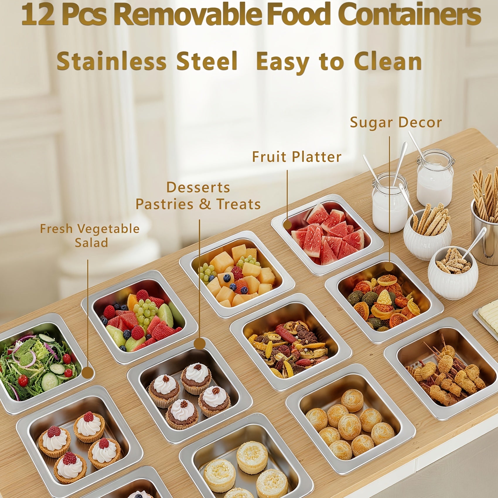 Gourmet trays with stainless steel food trays and ample storage; mobile buffet trucks with collapsible prep surfaces; pizza topping stations and salad bars; party kitchen island packaging
