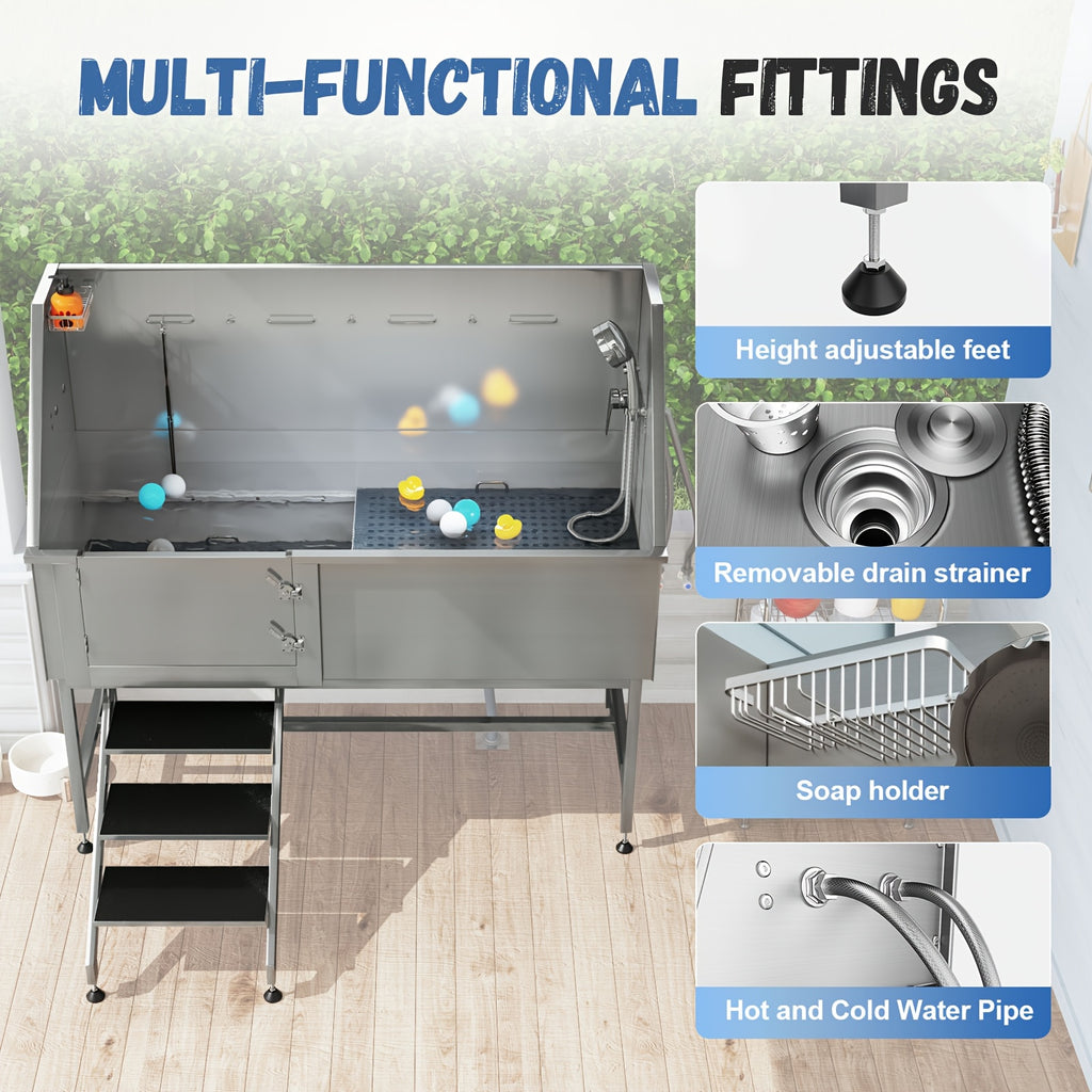 Household pet bath, XL 304 stainless steel professional pet bath with stairs, pet bath tub includes 3-speed adjustable shower head, removable mesh, easy to clean