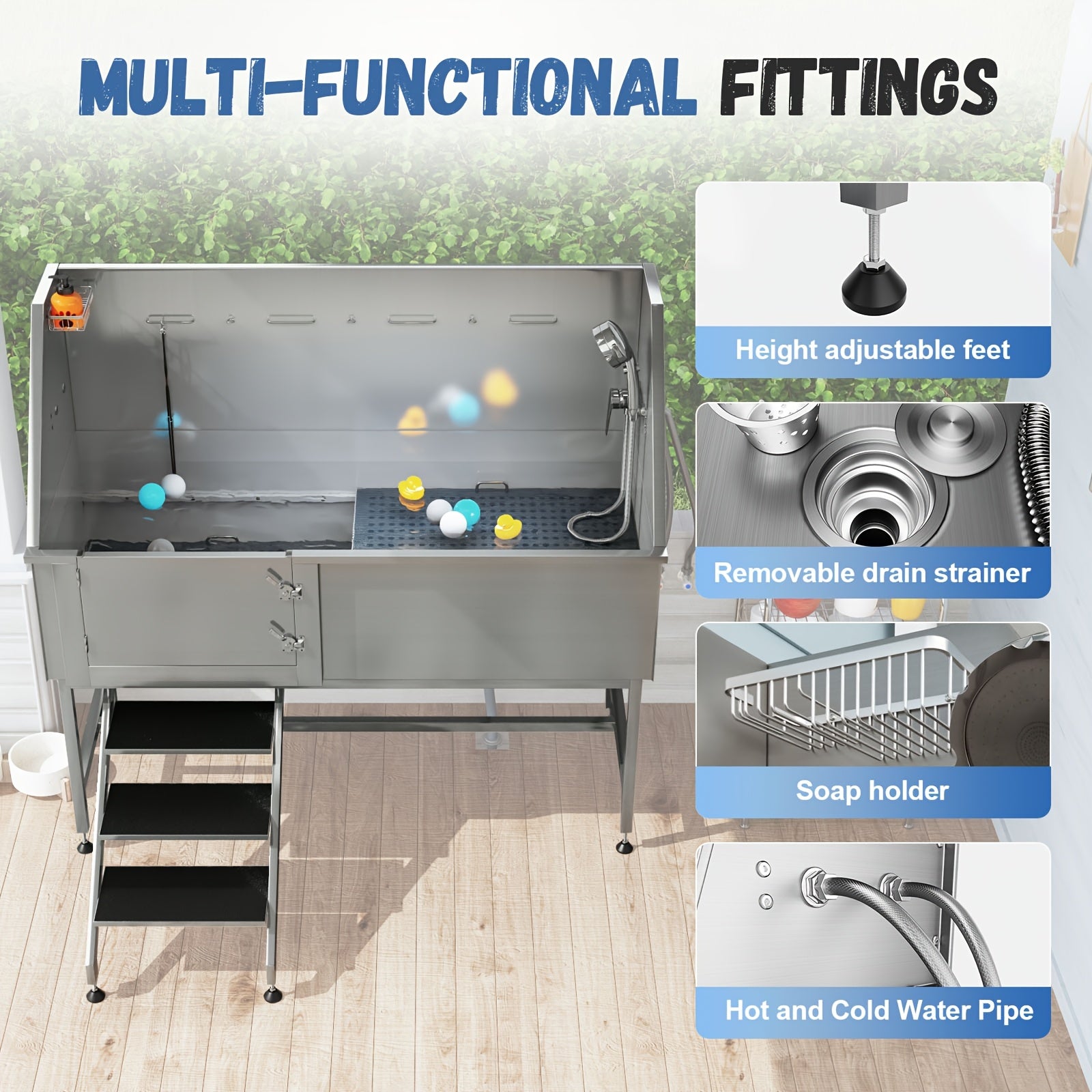 Household pet bath, XL 304 stainless steel professional pet bath with stairs, pet bath tub includes 3-speed adjustable shower head, removable mesh, easy to clean